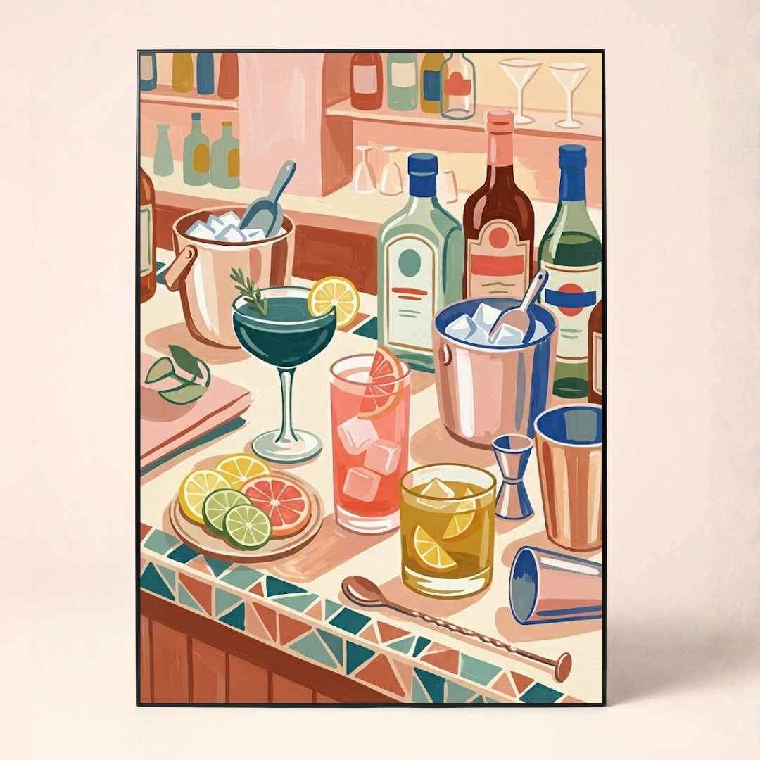 "Cocktail Hour Bar Cart" Vibrant Mixology Art Poster | Vertical Borderless Art Frame Poster Premium Wall Art Canvas by MeriDeewar