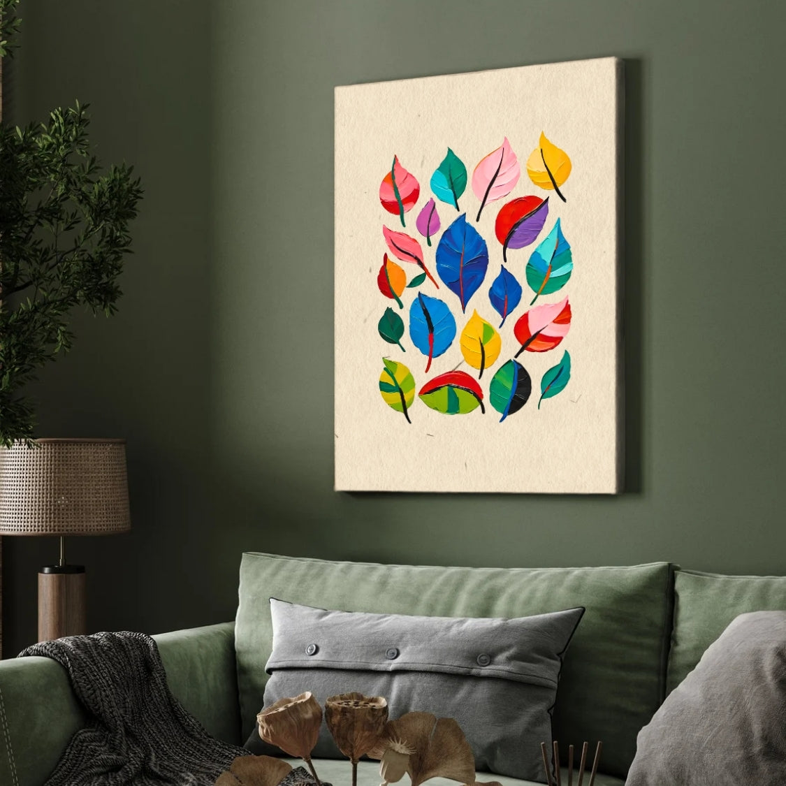 Colorfull Leaves ( Multicolor scattered leaves – bold, thick strokes ) 2 : 3 Vertical Premium Wall Art Canvas by MeriDeewar