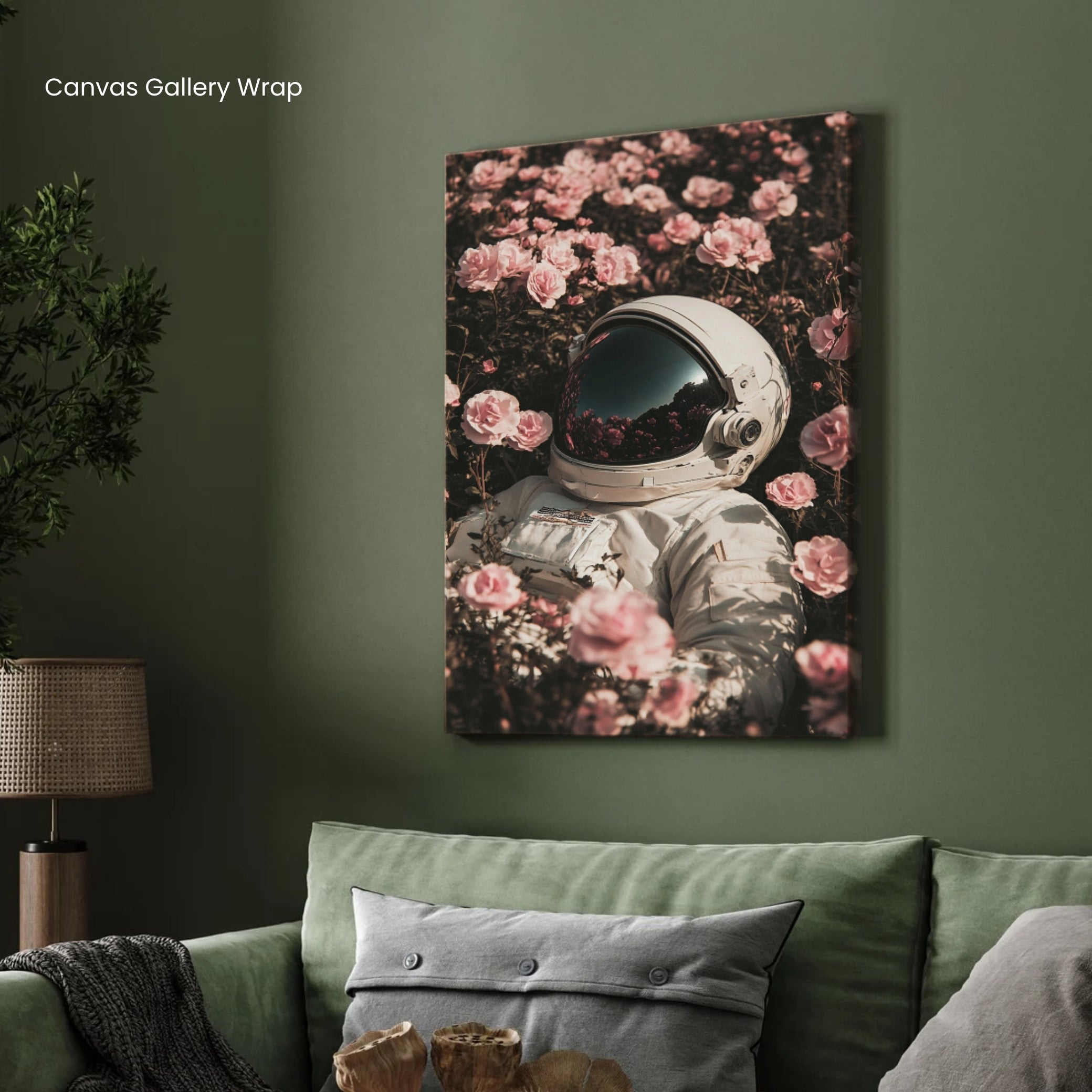 Cosmic Bloom – Astronaut in Rose Field Wall Art 2 : 3 Vertical Premium Wall Art Canvas by MeriDeewar
