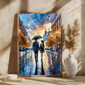 Couple in Rain - Romantic Wall Art Painting | MeriDeewar 2 : 3 Vertical Premium Wall Art Canvas by MeriDeewar