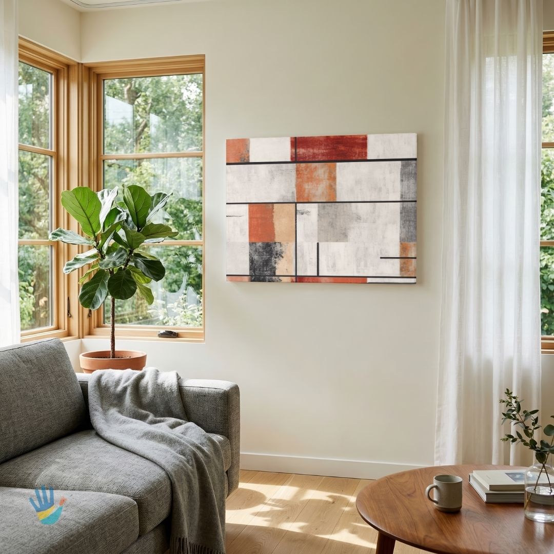 Courtyard Grid | Terracotta & Charcoal Geometric Abstract Wall Art 4 : 3 Horizontal Premium Wall Art Canvas by MeriDeewar