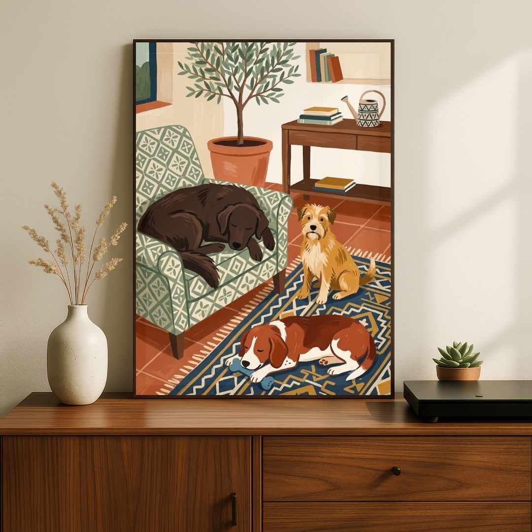 "Cozy Canine Companions" Dog Art Poster | Vertical Borderless Art Frame Poster Premium Wall Art Canvas by MeriDeewar