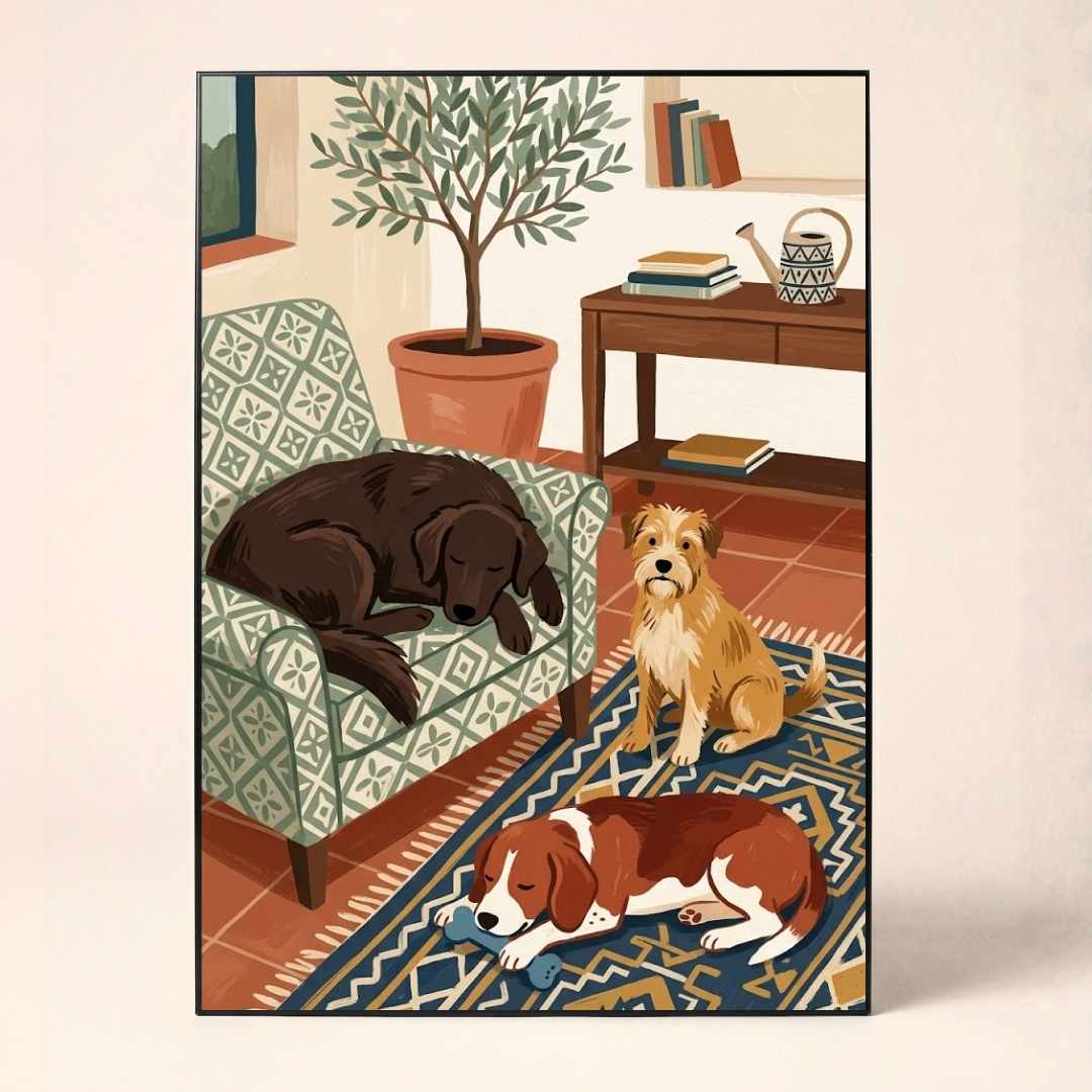 "Cozy Canine Companions" Dog Art Poster | Vertical Borderless Art Frame Poster Premium Wall Art Canvas by MeriDeewar