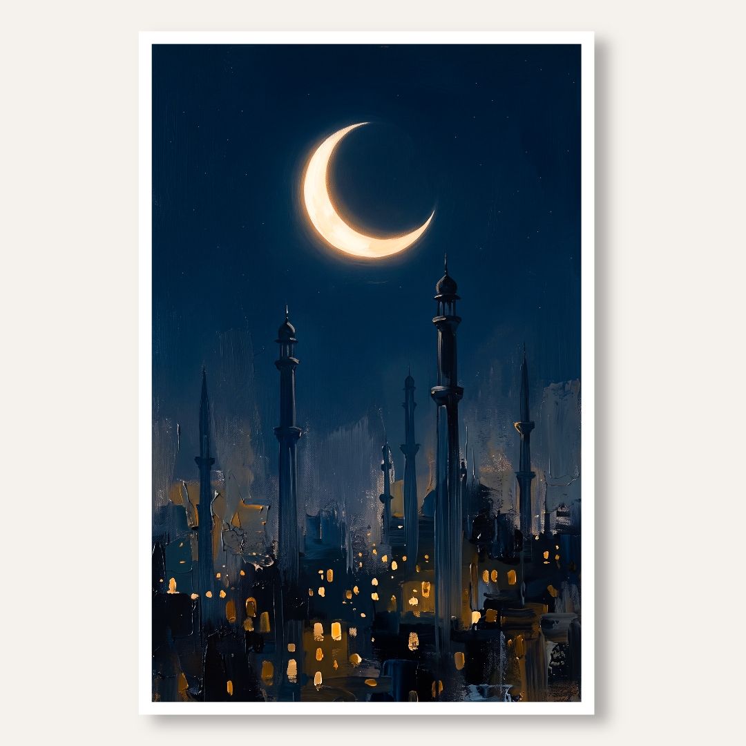 Crescent Moon & Mosque | Islamic Wall Art 2 : 3 Vertical Premium Wall Art Canvas by MeriDeewar