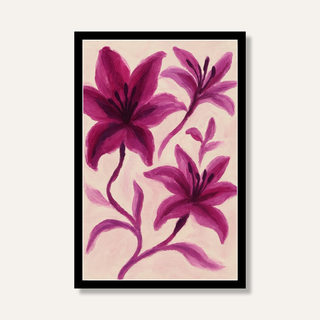 Crimson Bloom Deep pink lily flowers expressive brush style Painting 2 : 3 Vertical Premium Wall Art Canvas by MeriDeewar