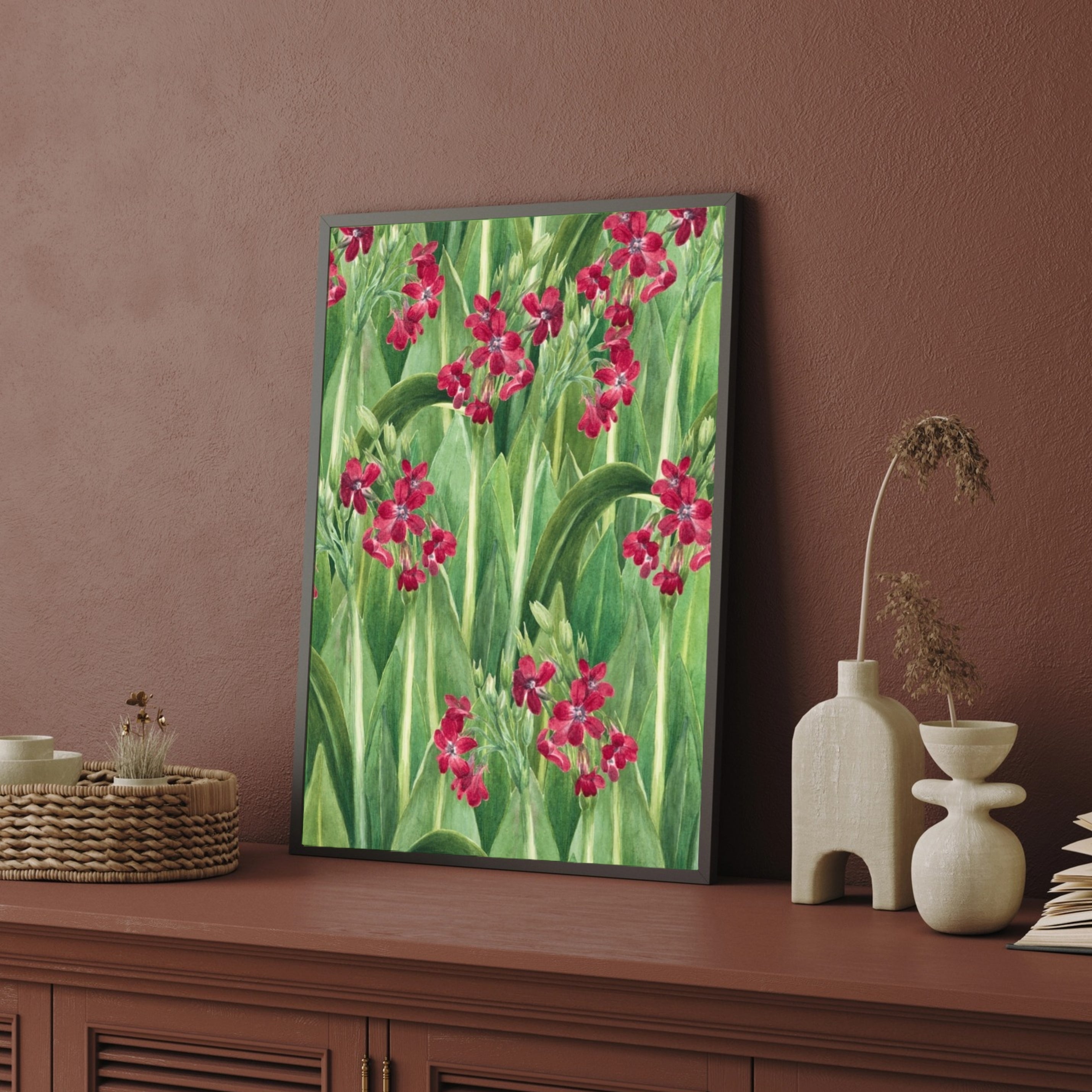 Crimson Garden – Botanical Floral Canvas Wall Art 2 : 3 Vertical Premium Wall Art Canvas by MeriDeewar