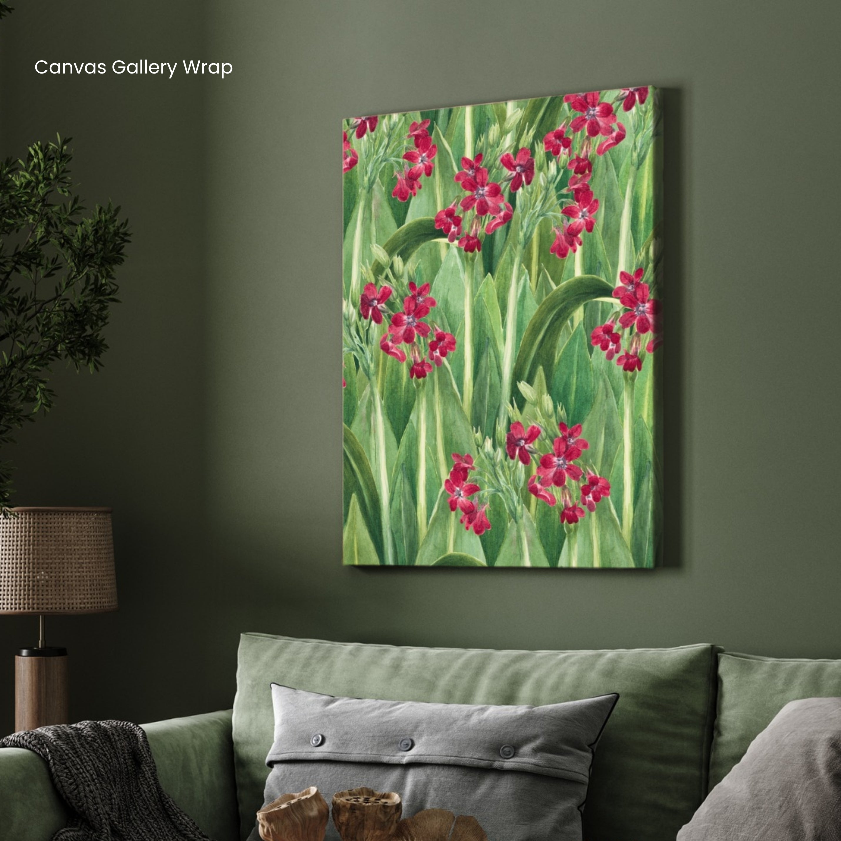 Crimson Garden – Botanical Floral Canvas Wall Art 2 : 3 Vertical Premium Wall Art Canvas by MeriDeewar