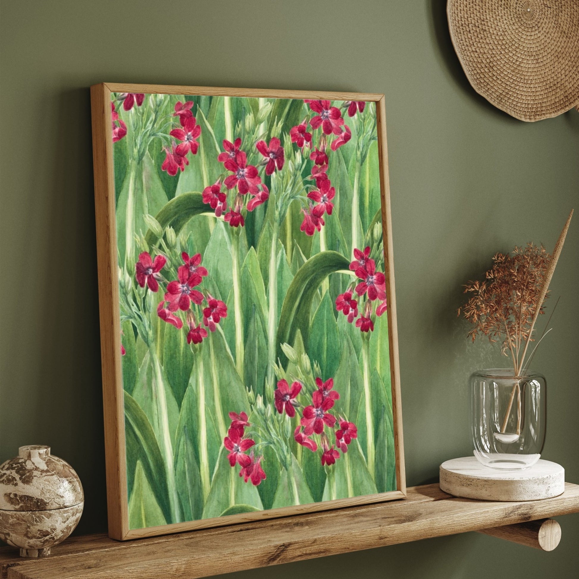 Crimson Garden – Botanical Floral Canvas Wall Art 2 : 3 Vertical Premium Wall Art Canvas by MeriDeewar