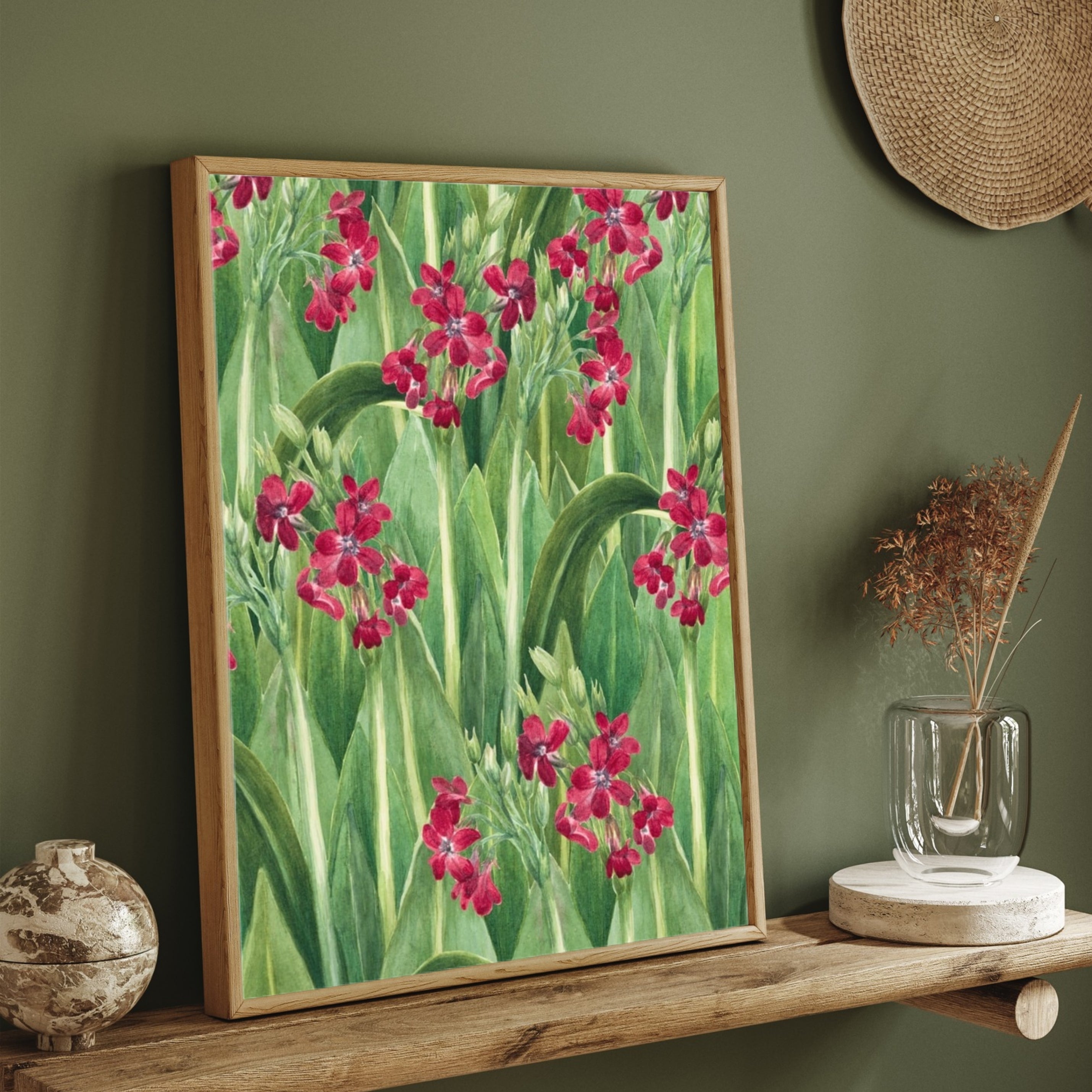 Crimson Garden – Botanical Floral Canvas Wall Art 2 : 3 Vertical Premium Wall Art Canvas by MeriDeewar