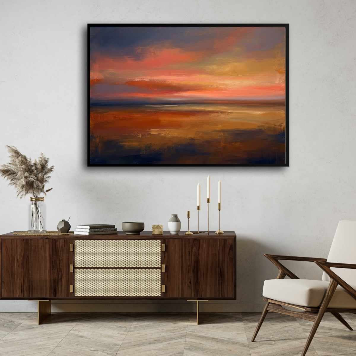 "Crimson Horizon" Modern Abstract Sunset Seascape Giclée Print |Wall Art 3 : 4 Horizontal New Premium Wall Art Canvas by MeriDeewar