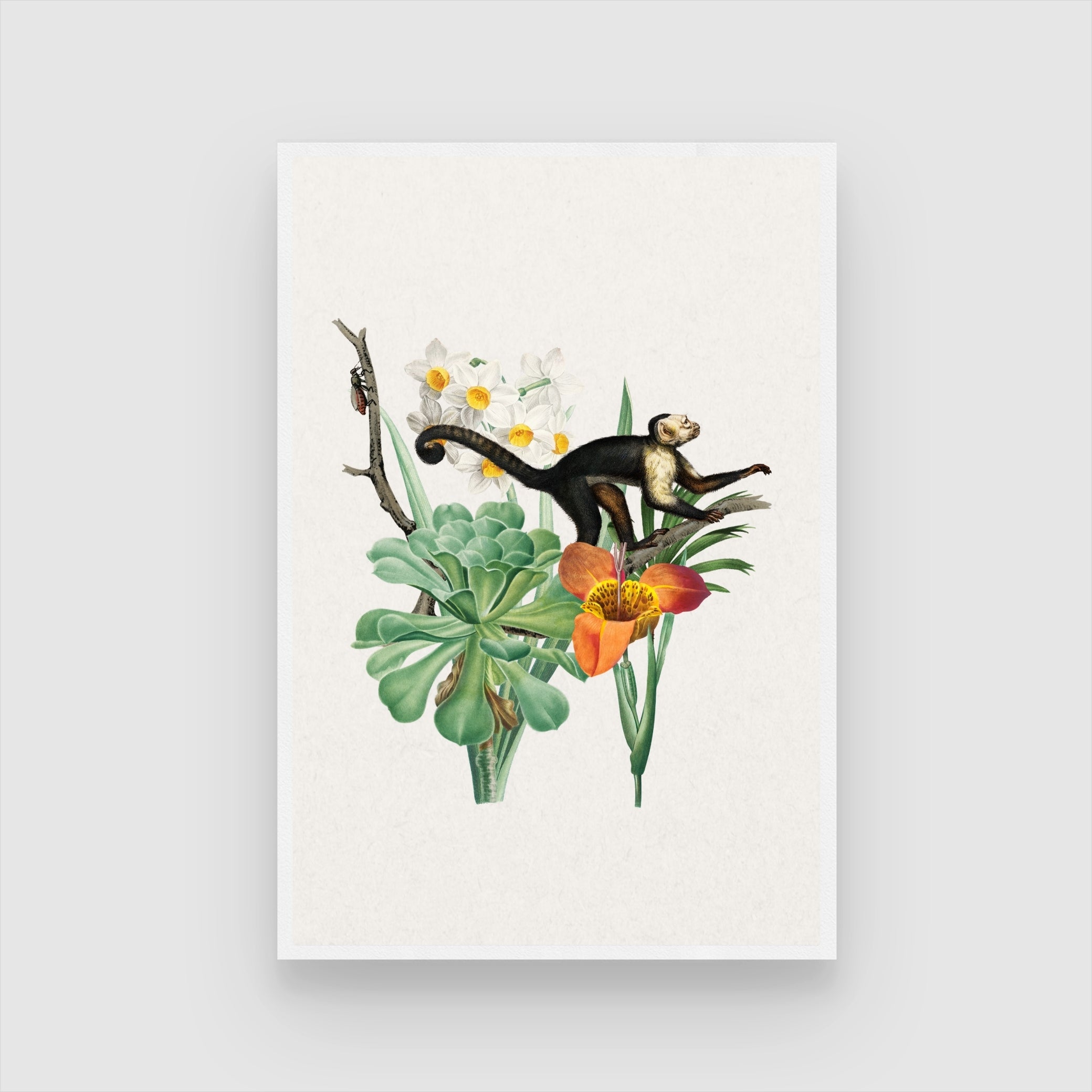 Curious Monkey & Tropical Blooms — Botanical Animal Print 2 : 3 Vertical Premium Wall Art Canvas by MeriDeewar