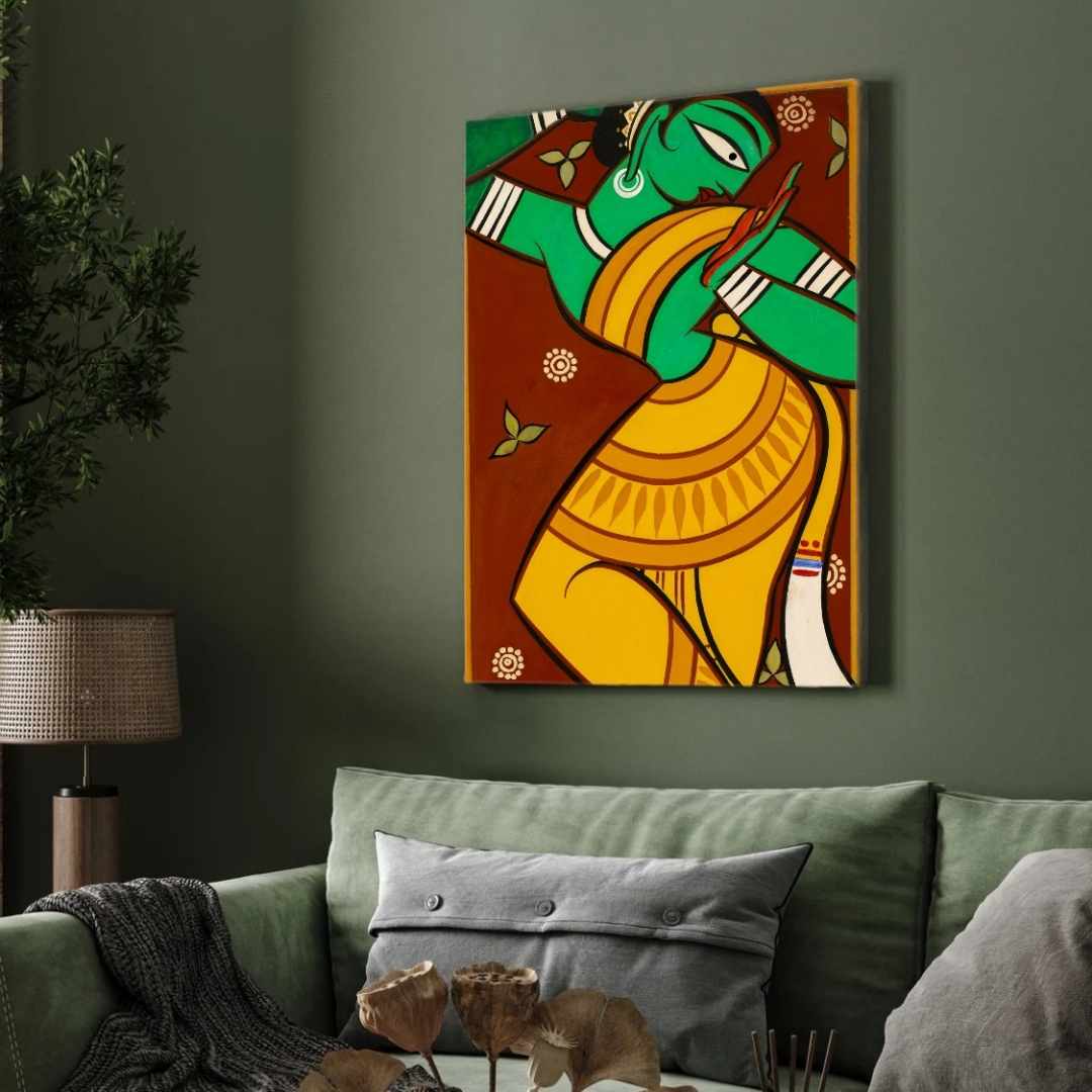 "Dancing Woman in Green" Jamini Roy Painting | Fine Art Wall Art 2 : 3 Vertical Premium Wall Art Canvas by MeriDeewar
