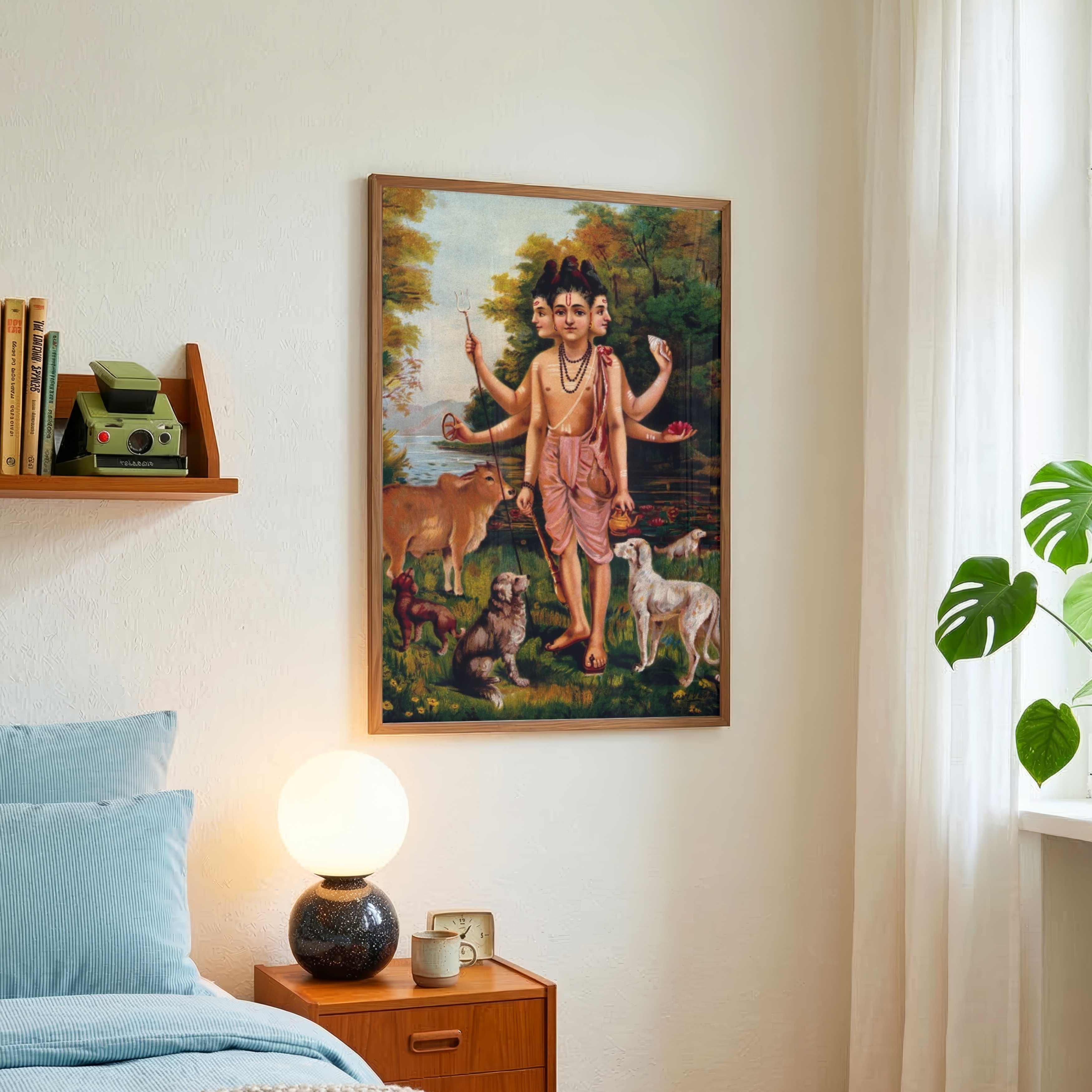 Dattatreya Painting for Pooja Room | Spiritual Wall Art with Cow & Dogs | Raja Ravi Varma Print 3 : 4 Vertical Premium Wall Art Canvas by MeriDeewar