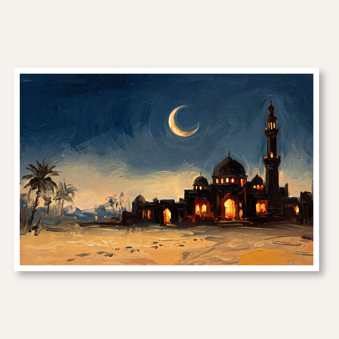 Desert Mosque & Crescent Moon | Islamic Wall Art 3 : 2 Horizontal Premium Wall Art Canvas by MeriDeewar