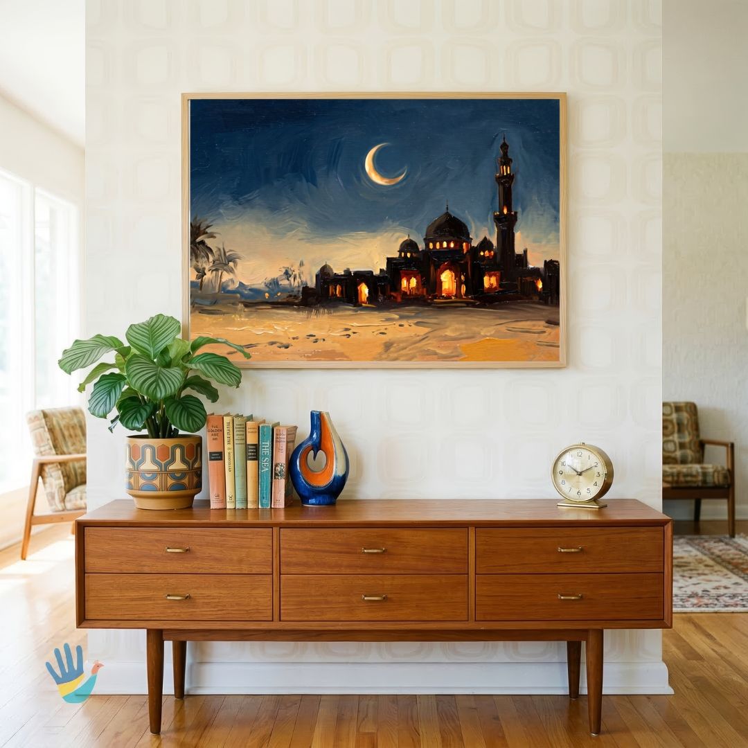 Desert Mosque & Crescent Moon | Islamic Wall Art 3 : 2 Horizontal Premium Wall Art Canvas by MeriDeewar