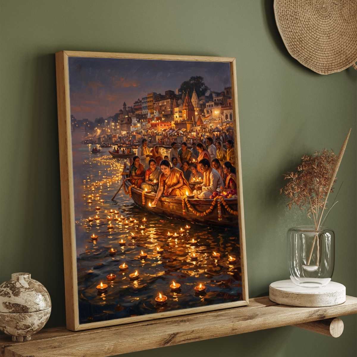 Devotees Offering Diyas on Ganges Wall Art | Edge-to-Edge Vertical Oil Painting 2 : 3 Vertical Premium Wall Art Canvas by MeriDeewar