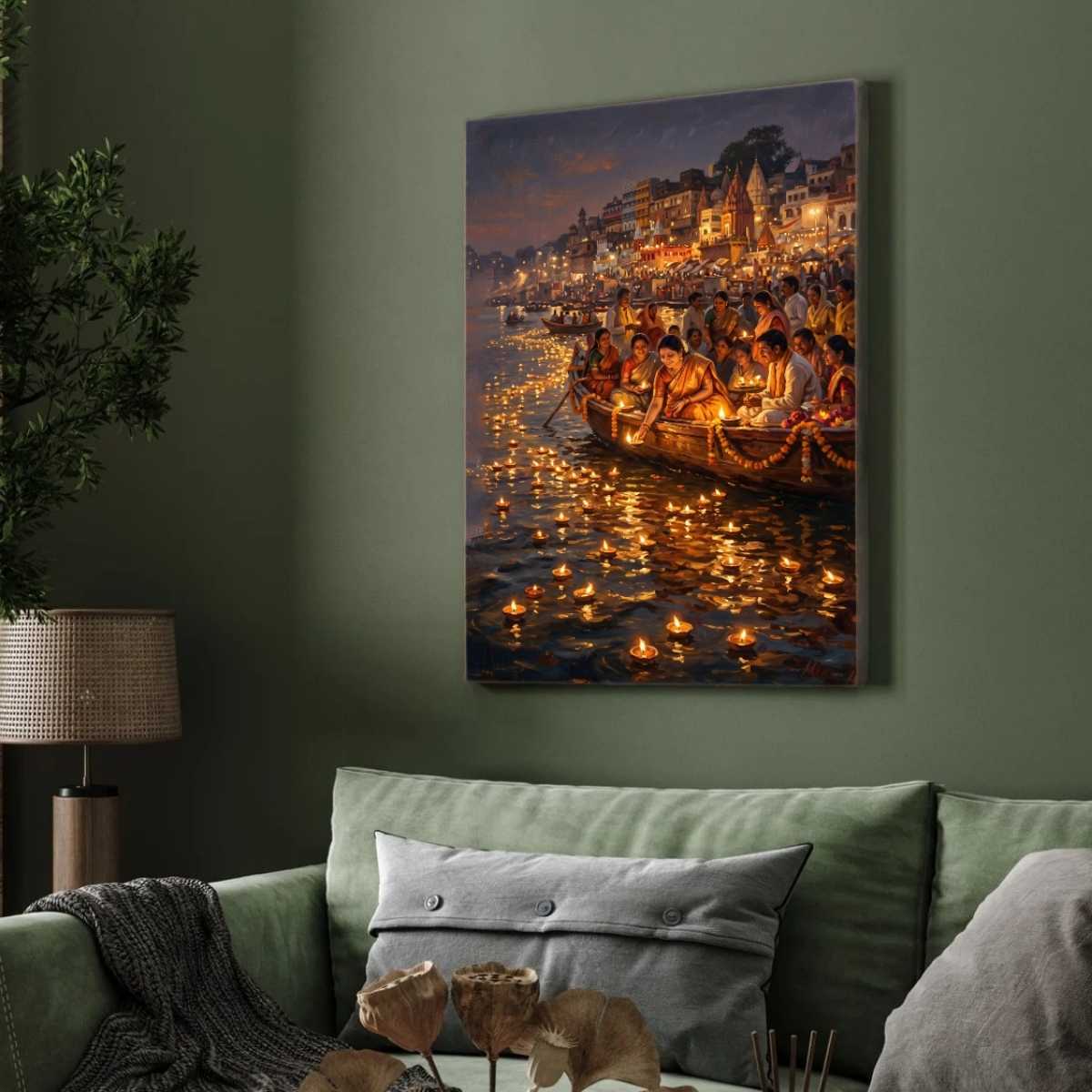 Devotees Offering Diyas on Ganges Wall Art | Edge-to-Edge Vertical Oil Painting 2 : 3 Vertical Premium Wall Art Canvas by MeriDeewar