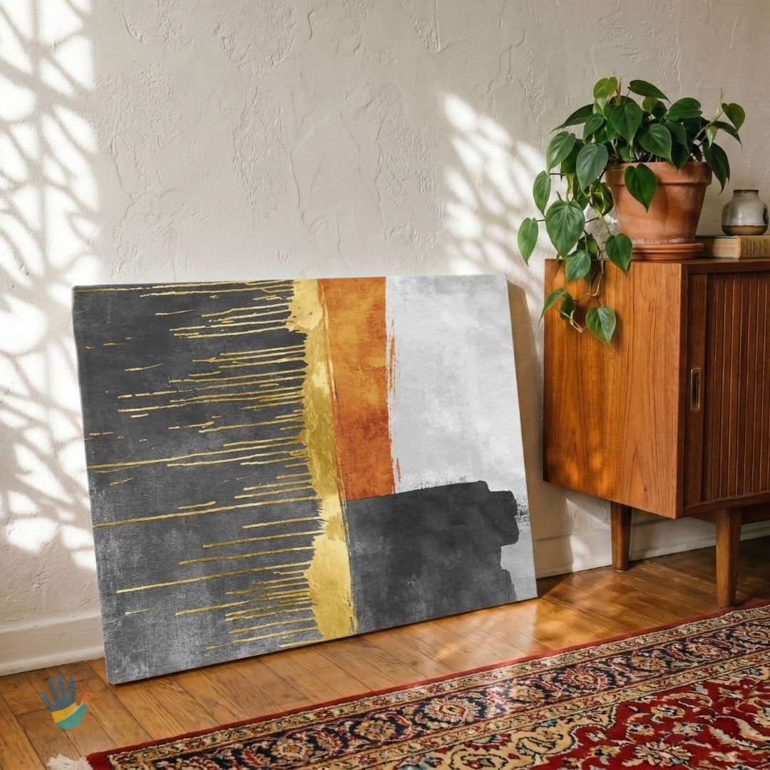 Dharani Gold | Gold Leaf & Charcoal Color-Block Abstract Wall Art 4 : 3 Horizontal Premium Wall Art Canvas by MeriDeewar