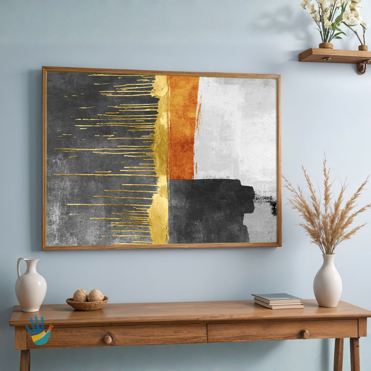 Dharani Gold | Gold Leaf & Charcoal Color-Block Abstract Wall Art 4 : 3 Horizontal Premium Wall Art Canvas by MeriDeewar