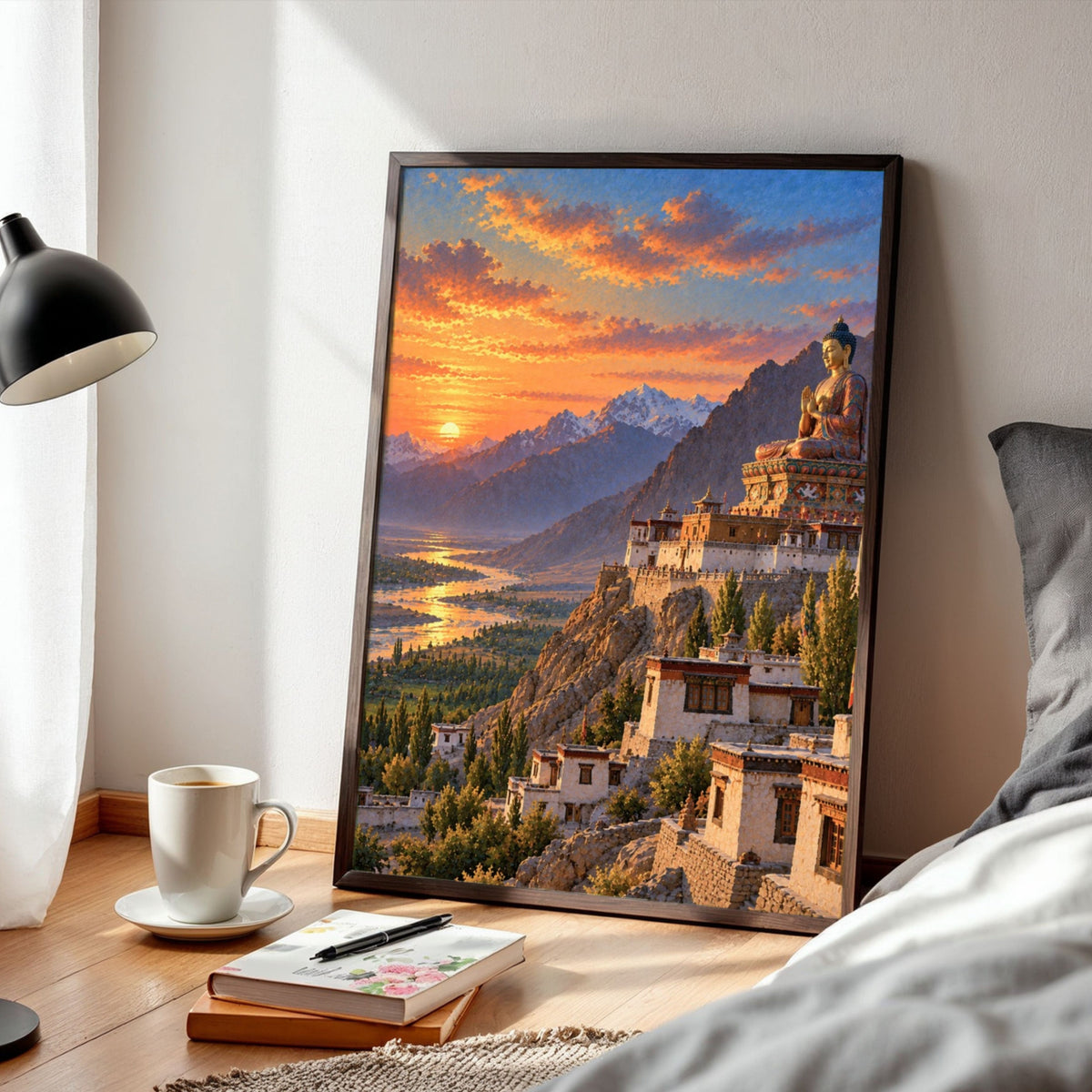 Diskit Monastery | Ladakh Nubra Valley Maitreya Buddha Gallery Wrap Canvas Curate Black Premium Wall Art Canvas by MeriDeewar