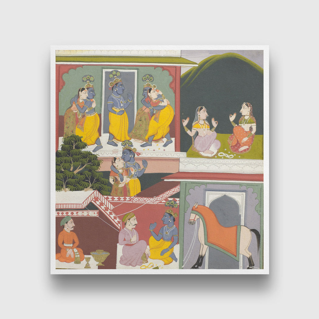 Divine Love Of Krishna And Radha Painting 1 : 1 Square Premium Wall Art Canvas by MeriDeewar