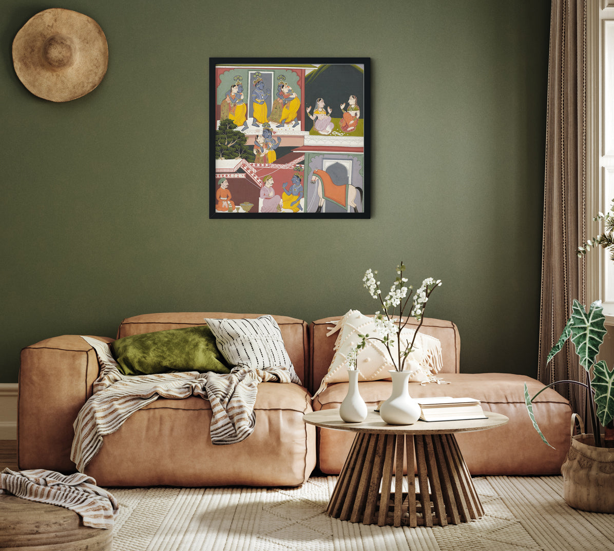 Divine Love Of Krishna And Radha Painting 1 : 1 Square Premium Wall Art Canvas by MeriDeewar