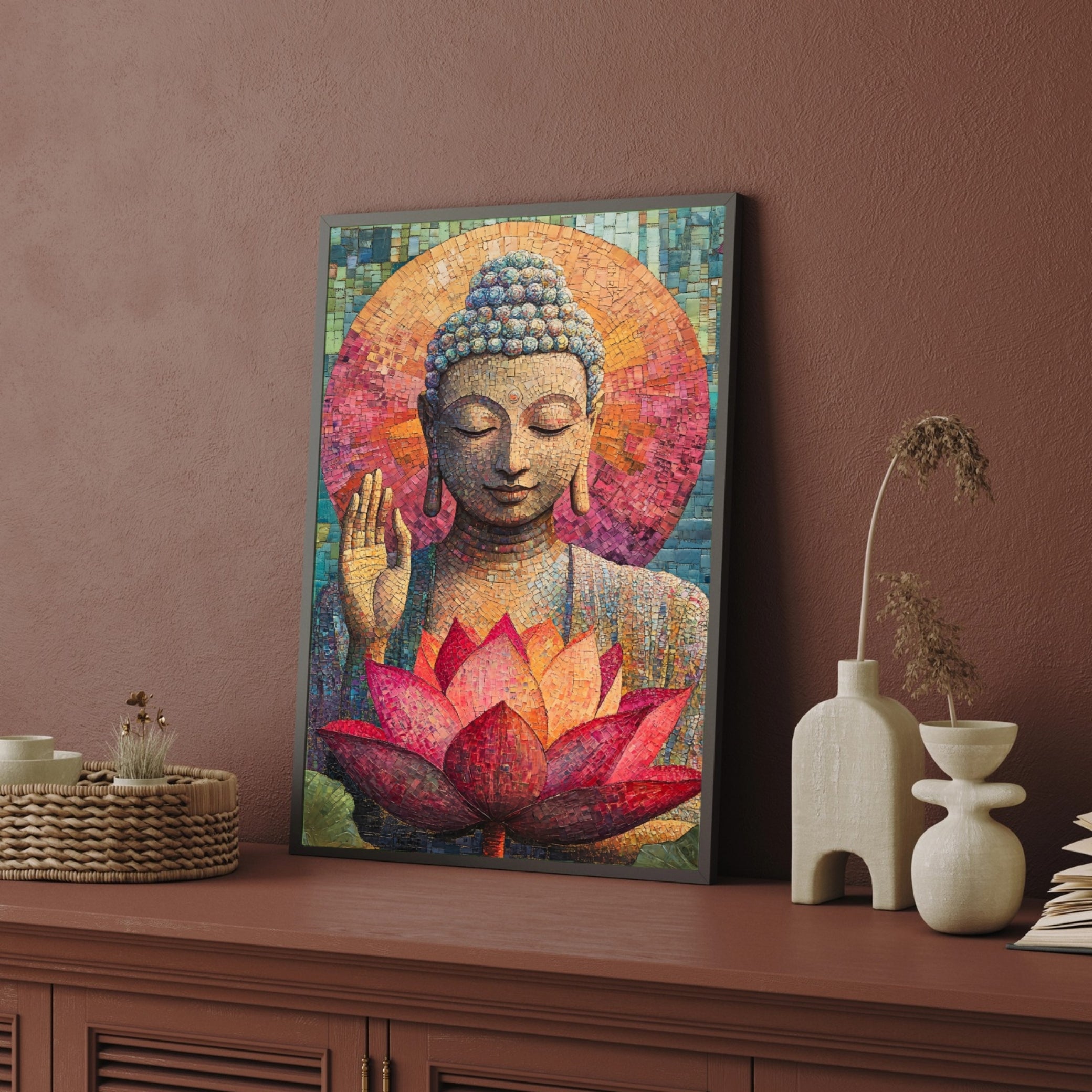 Divine Mosaic Buddha with Lotus – Spiritual Wall Art 2 : 3 Vertical Premium Wall Art Canvas by MeriDeewar