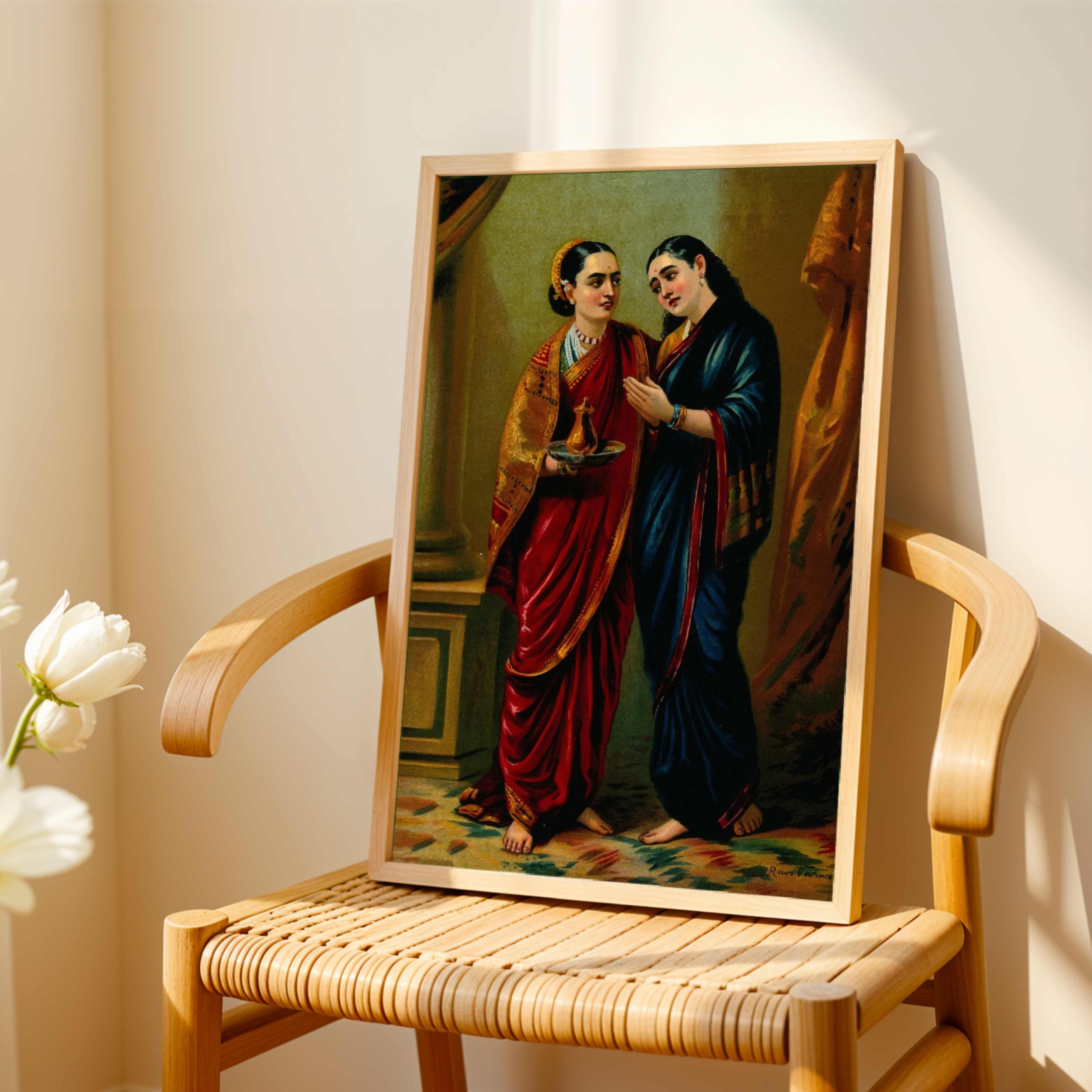 Draupadi & Sudeshna Painting by Raja Ravi Varma | Indian Classical Wall Art for Living Room 3 : 4 Vertical Premium Wall Art Canvas by MeriDeewar