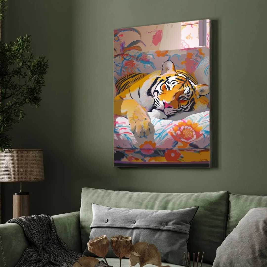 Dreamy Sleeping Tiger Floral Pop Art | Cozy Maximalist Framed Print 2 : 3 Vertical Premium Wall Art Canvas by MeriDeewar
