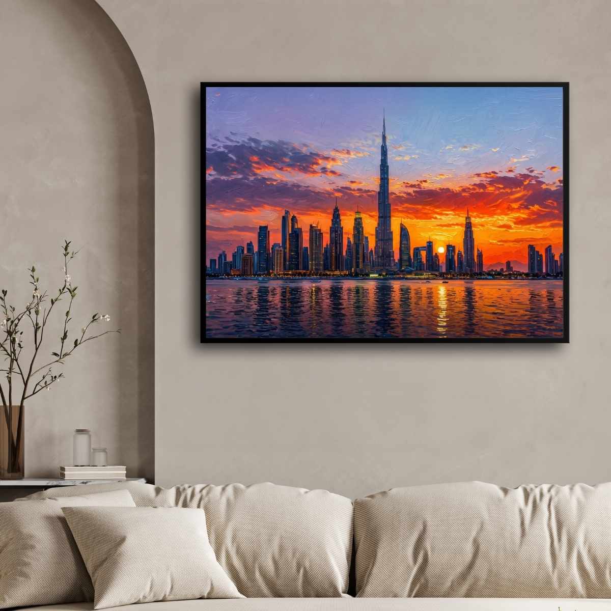 "Dubai Sunset Skyline" Burj Khalifa Architecture Giclée Print | Fine Art Wall Art 2 : 3 Horizontal Premium Wall Art Canvas by MeriDeewar