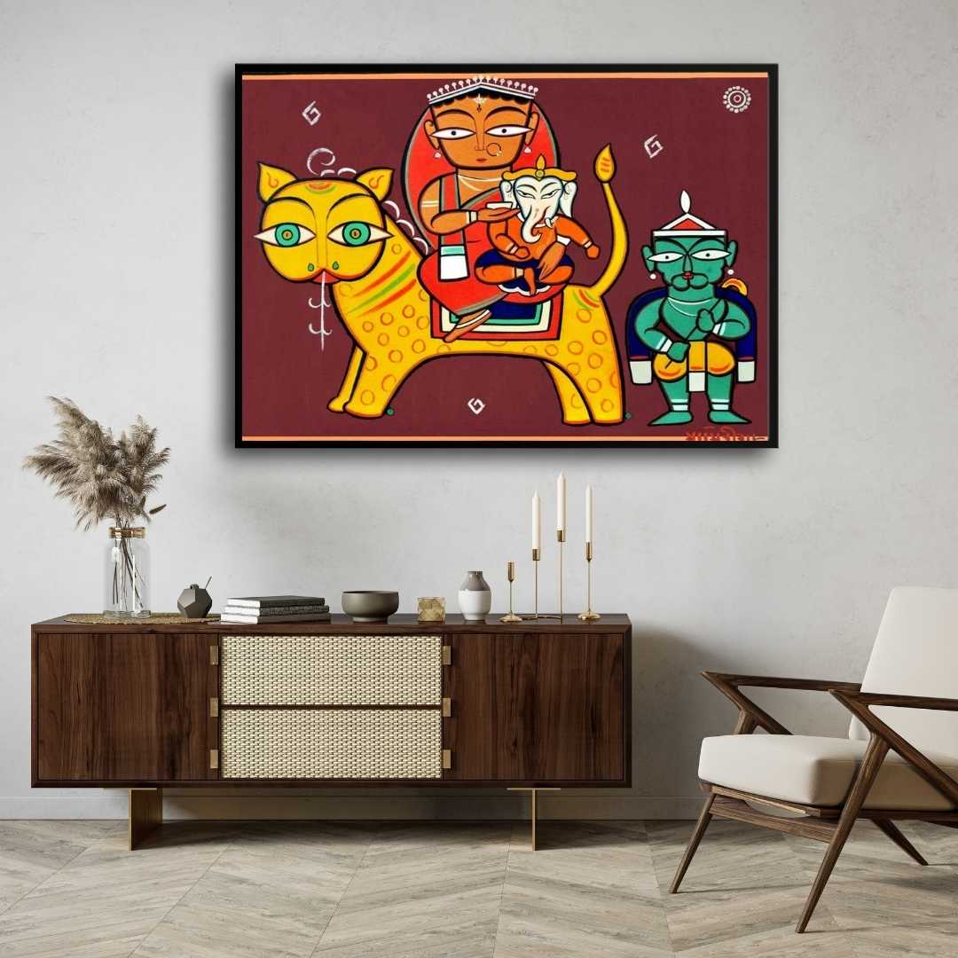 Durga Ganesha Painting for Living Room – Jamini Roy Style Spiritual Wall Art | MeriDeewar 3 : 2 Horizontal Premium Wall Art Canvas by MeriDeewar