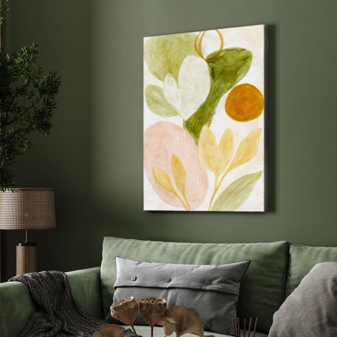 Earth & Light Forms Wall Art ( Muted abstract shapes – green, beige, ochre tones ) 2 : 3 Vertical Premium Wall Art Canvas by MeriDeewar