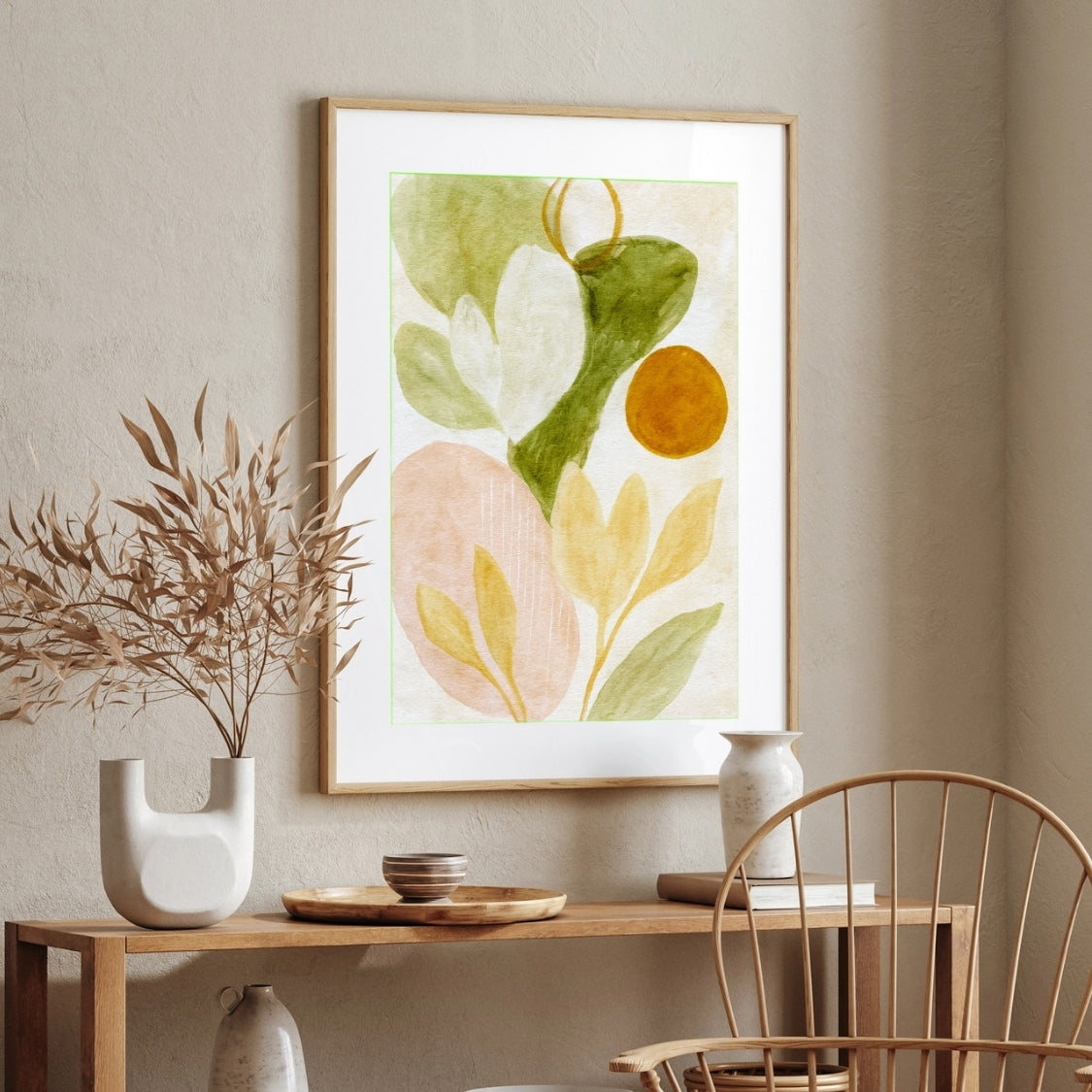 Earth & Light Forms Wall Art ( Muted abstract shapes – green, beige, ochre tones ) 2 : 3 Vertical Premium Wall Art Canvas by MeriDeewar