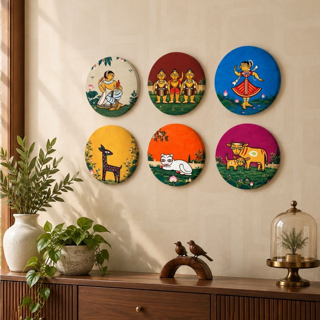 Echoes of Bengal | Indian Folk Art Set of 6 Round Canvas Curate Premium Wall Art Canvas by MeriDeewar