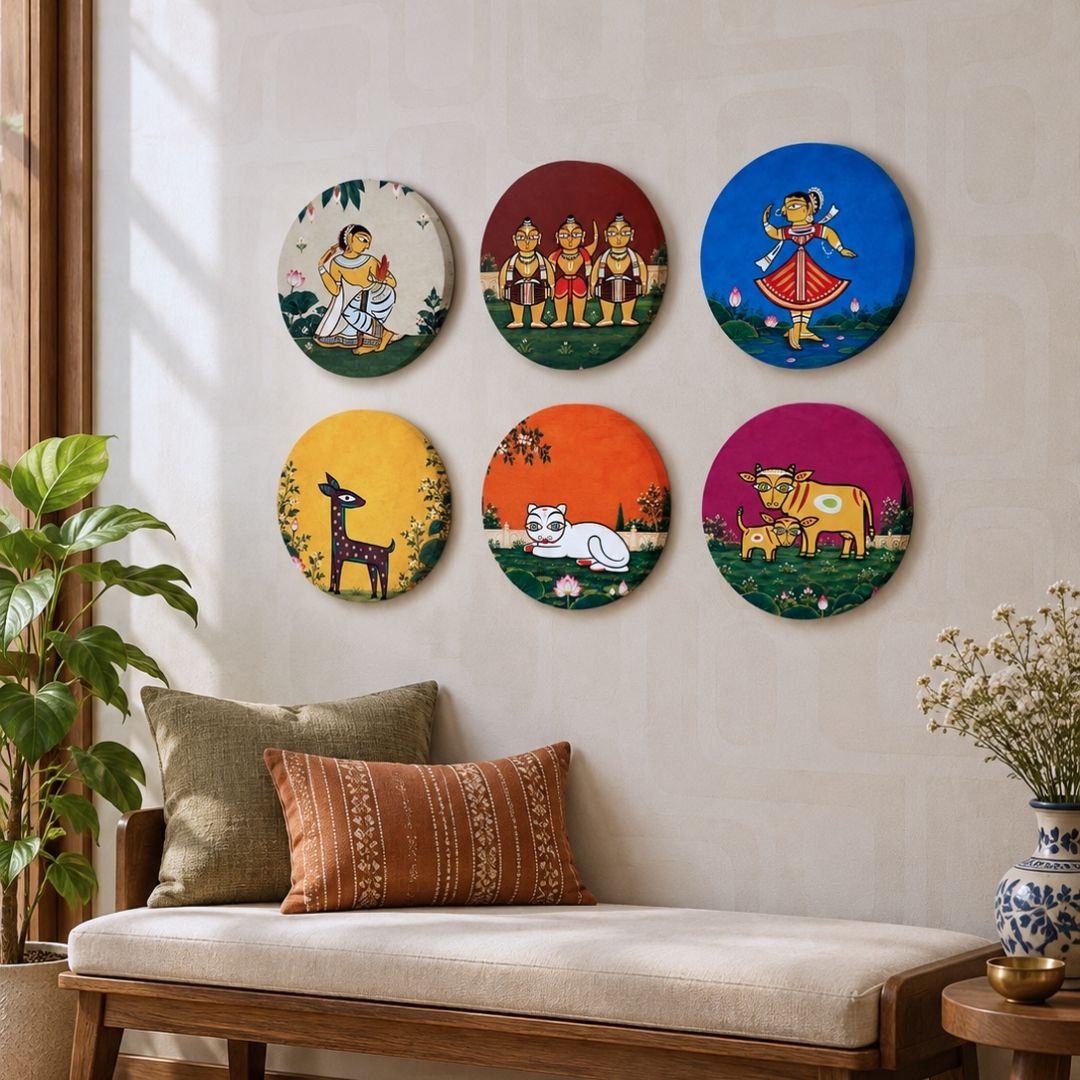 Echoes of Bengal | Indian Folk Art Set of 6 Round Canvas Curate Premium Wall Art Canvas by MeriDeewar