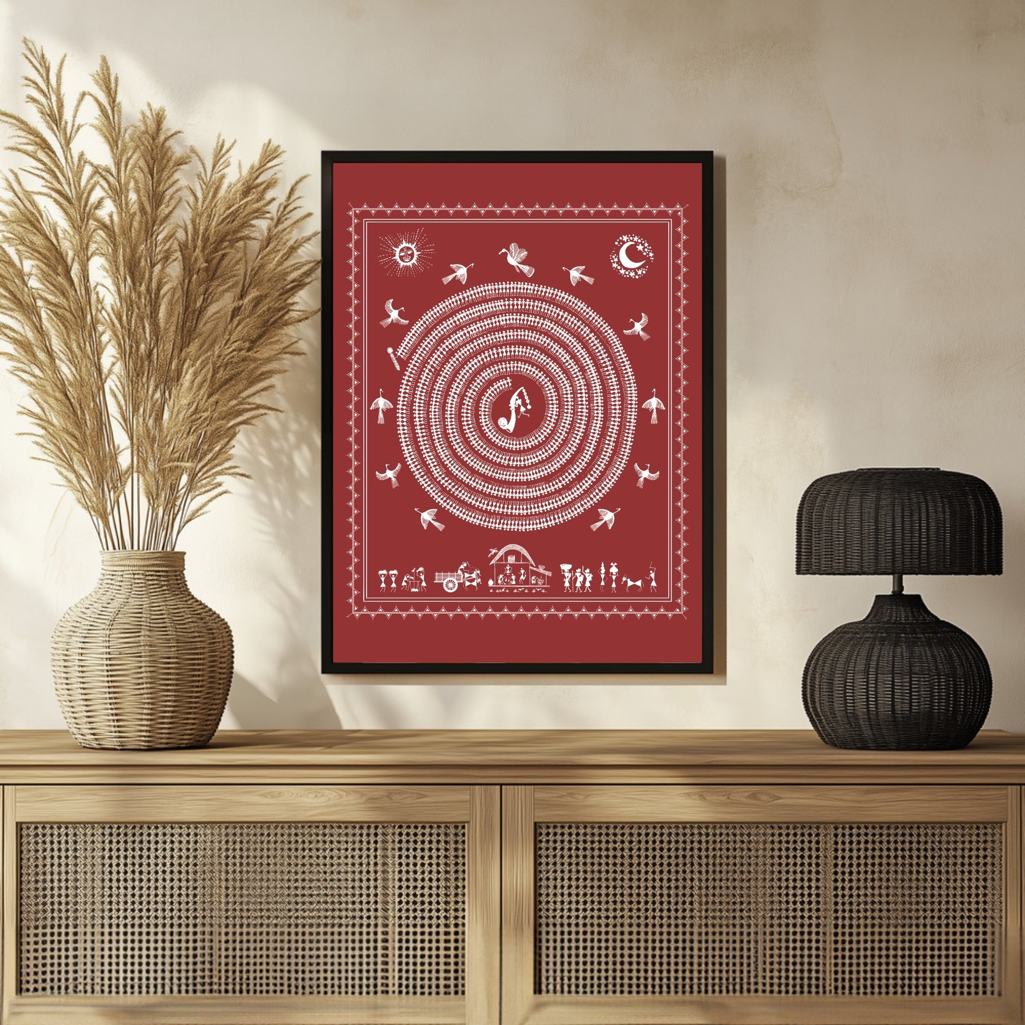 Echoes of Harmony: A Captivating Warli Scene - Rhythms of the Village Warli art 3 : 4 Vertical New Premium Wall Art Canvas by MeriDeewar