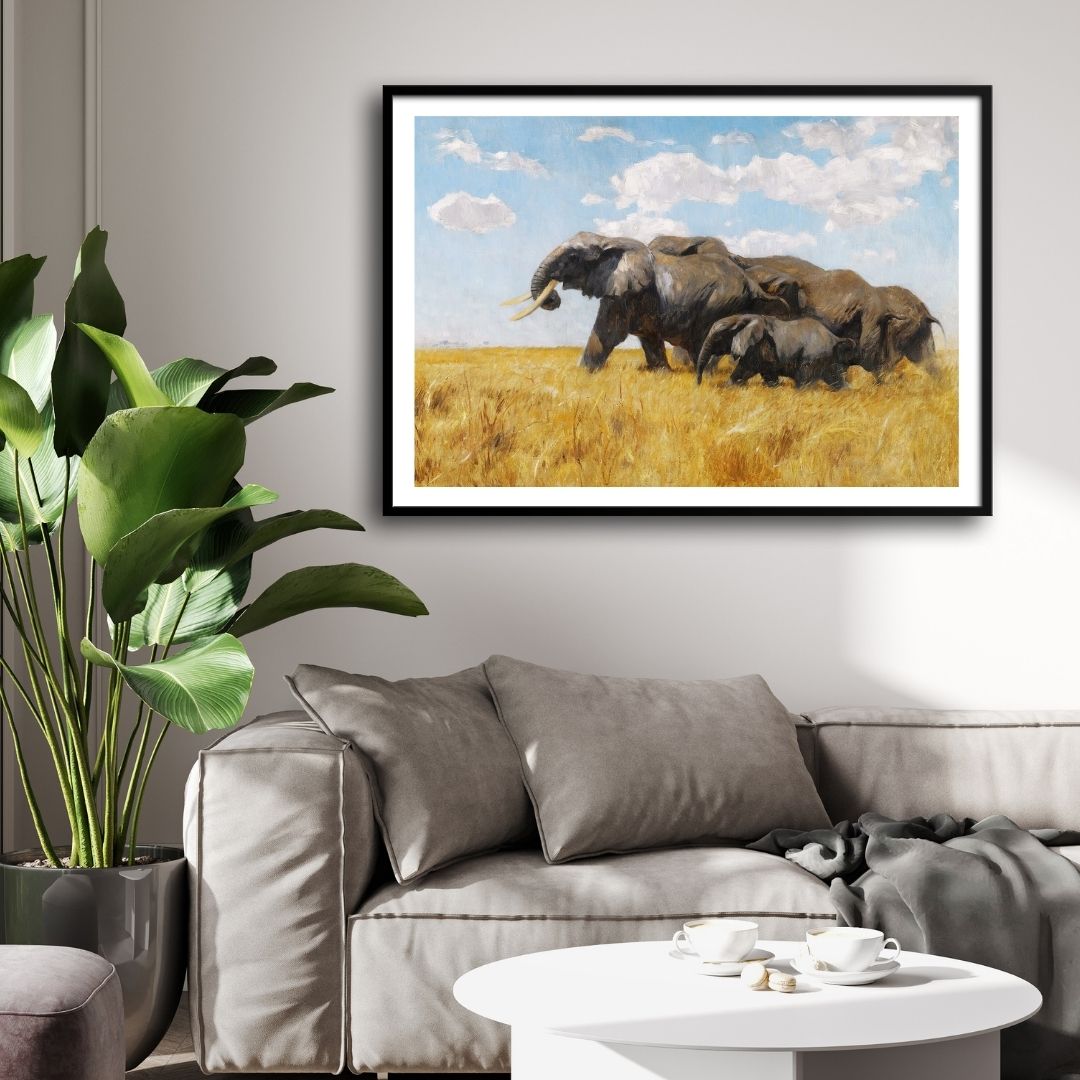 Echoes of the Wild – Elephant Herd Canvas Wall Art 2 : 3 Horizontal Premium Wall Art Canvas by MeriDeewar
