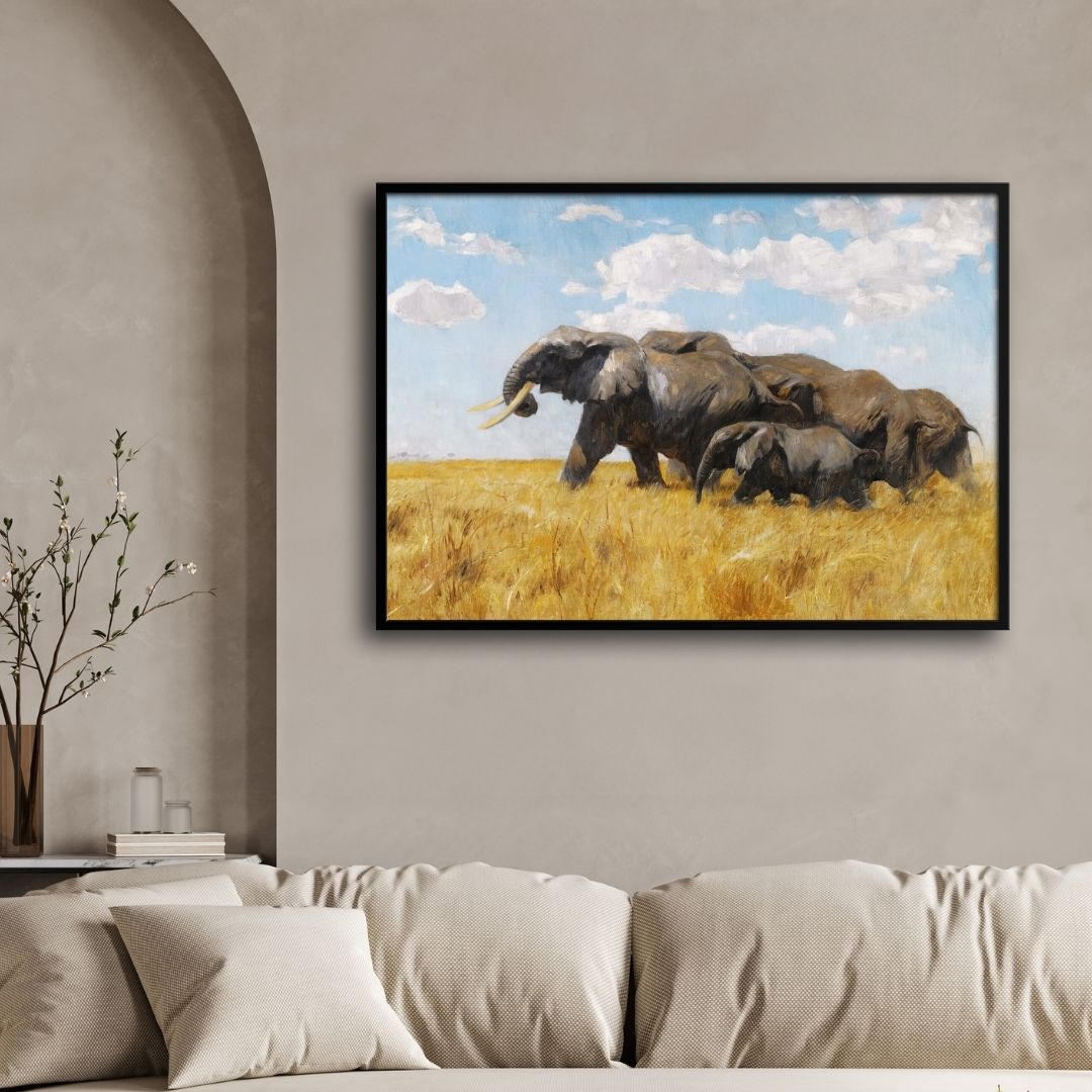 Echoes of the Wild – Elephant Herd Canvas Wall Art 2 : 3 Horizontal Premium Wall Art Canvas by MeriDeewar