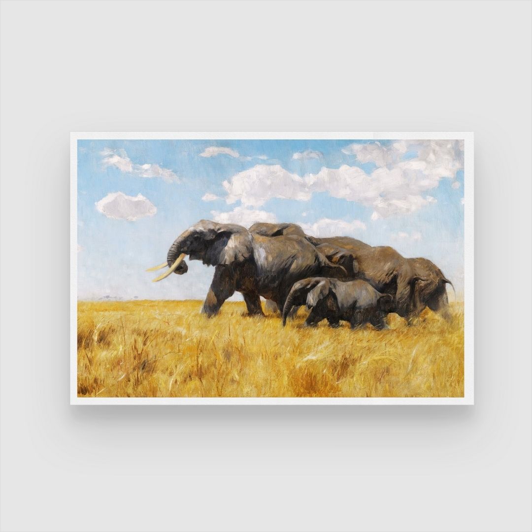 Echoes of the Wild – Elephant Herd Canvas Wall Art 2 : 3 Horizontal Premium Wall Art Canvas by MeriDeewar