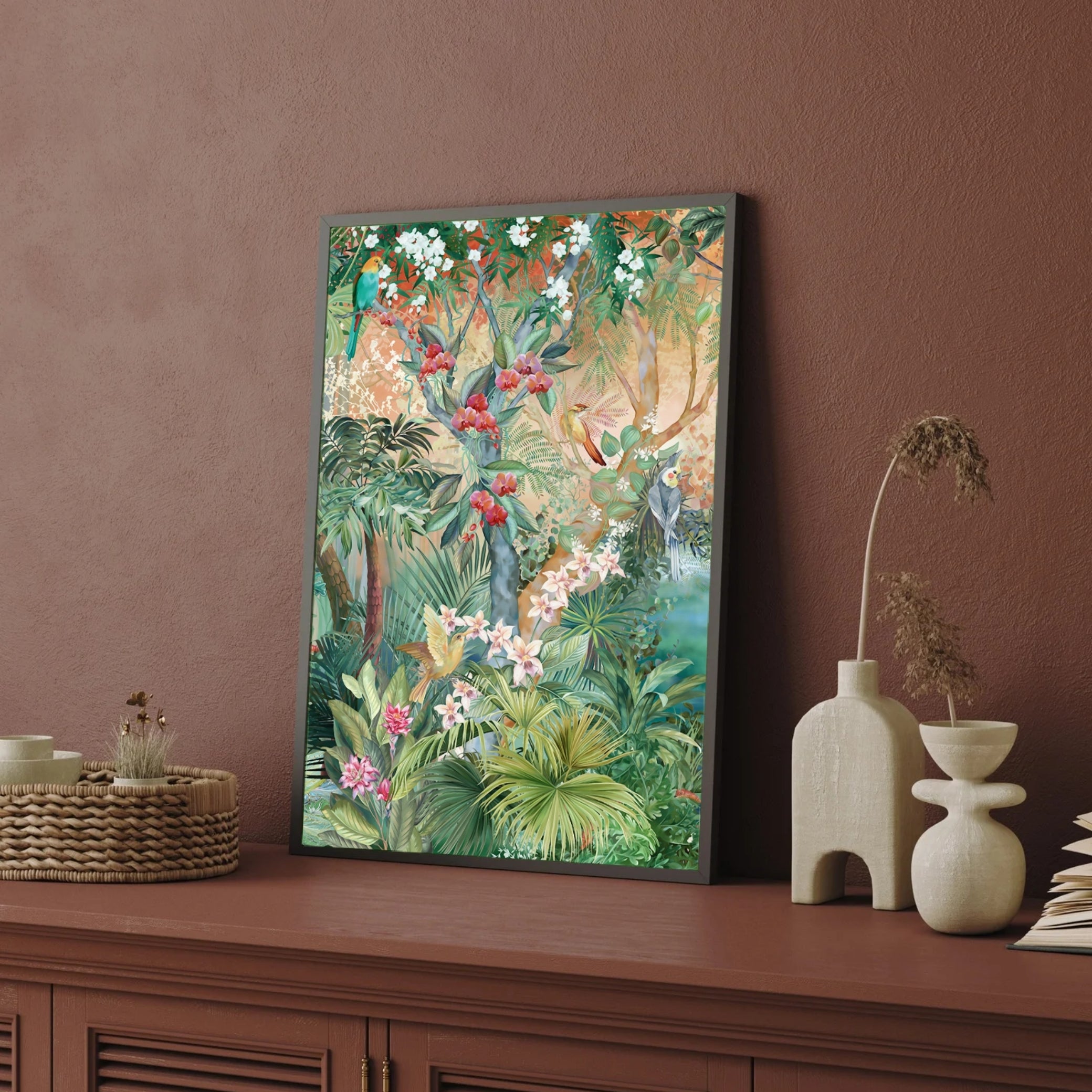 Eden Escape – Tropical Jungle Birds Canvas Wall Art 2 : 3 Vertical Premium Wall Art Canvas by MeriDeewar