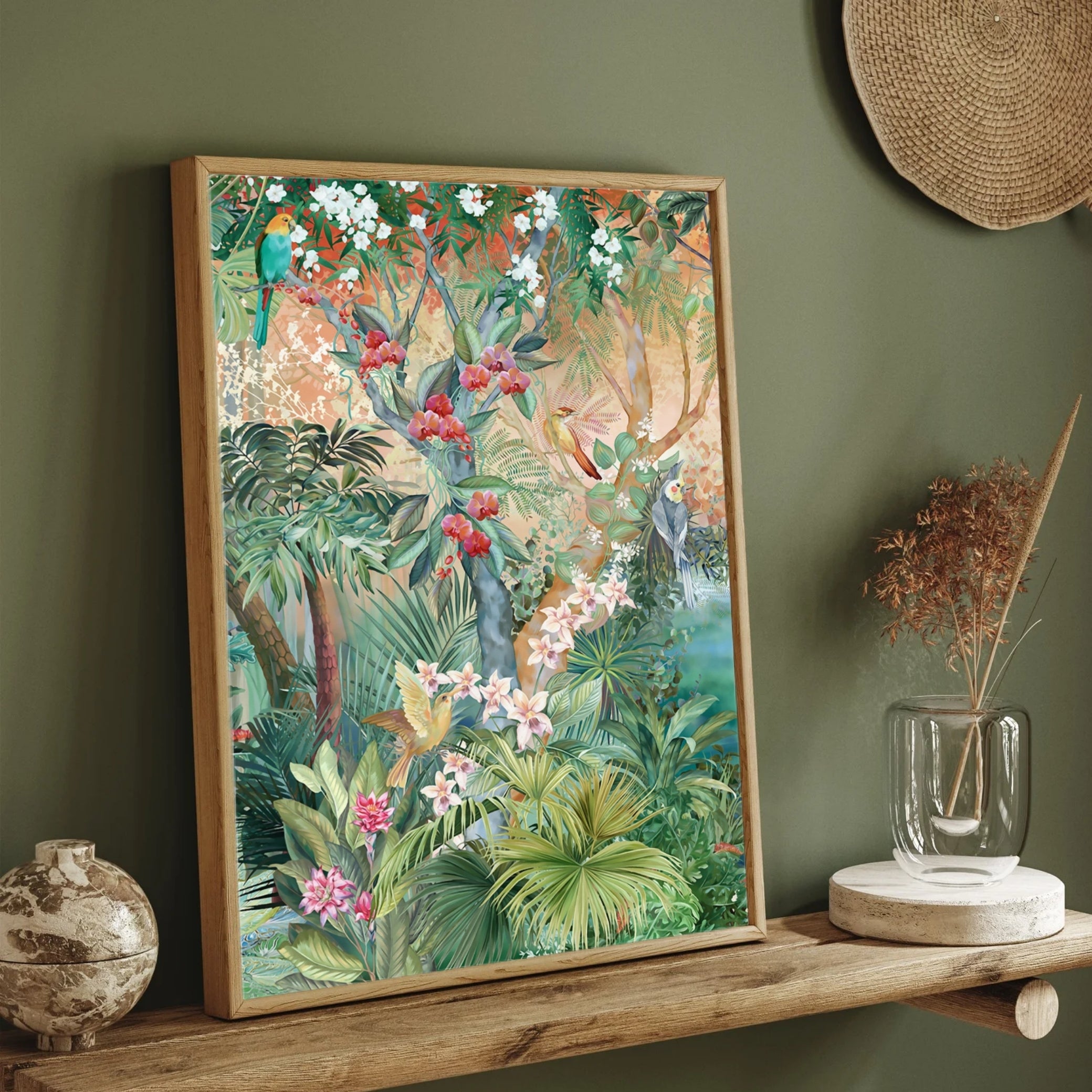 Eden Escape – Tropical Jungle Birds Canvas Wall Art 2 : 3 Vertical Premium Wall Art Canvas by MeriDeewar