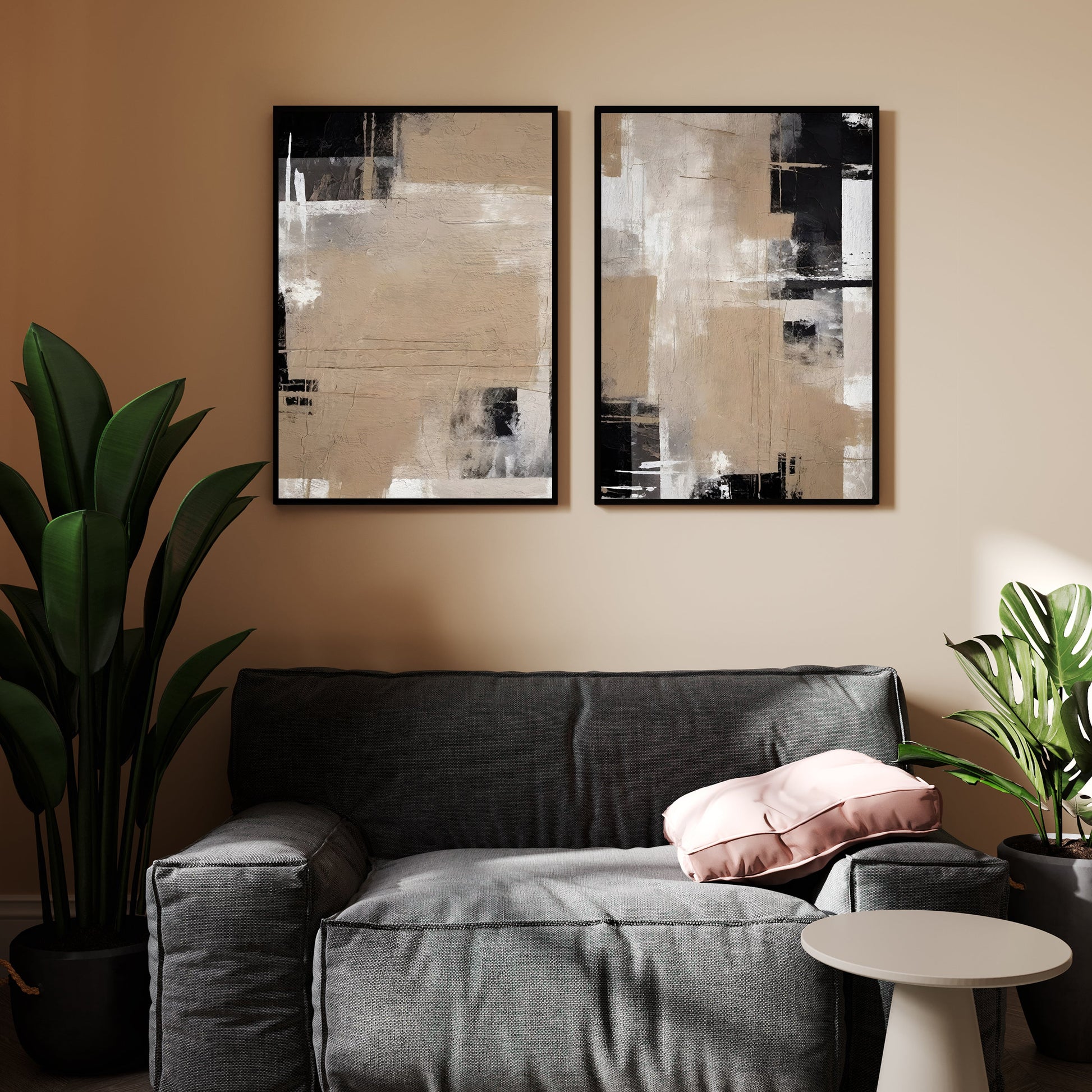 Elegant Abstract Canvas Painting - Black, White, Beige Tones Walls Premium Wall Art Canvas by MeriDeewar