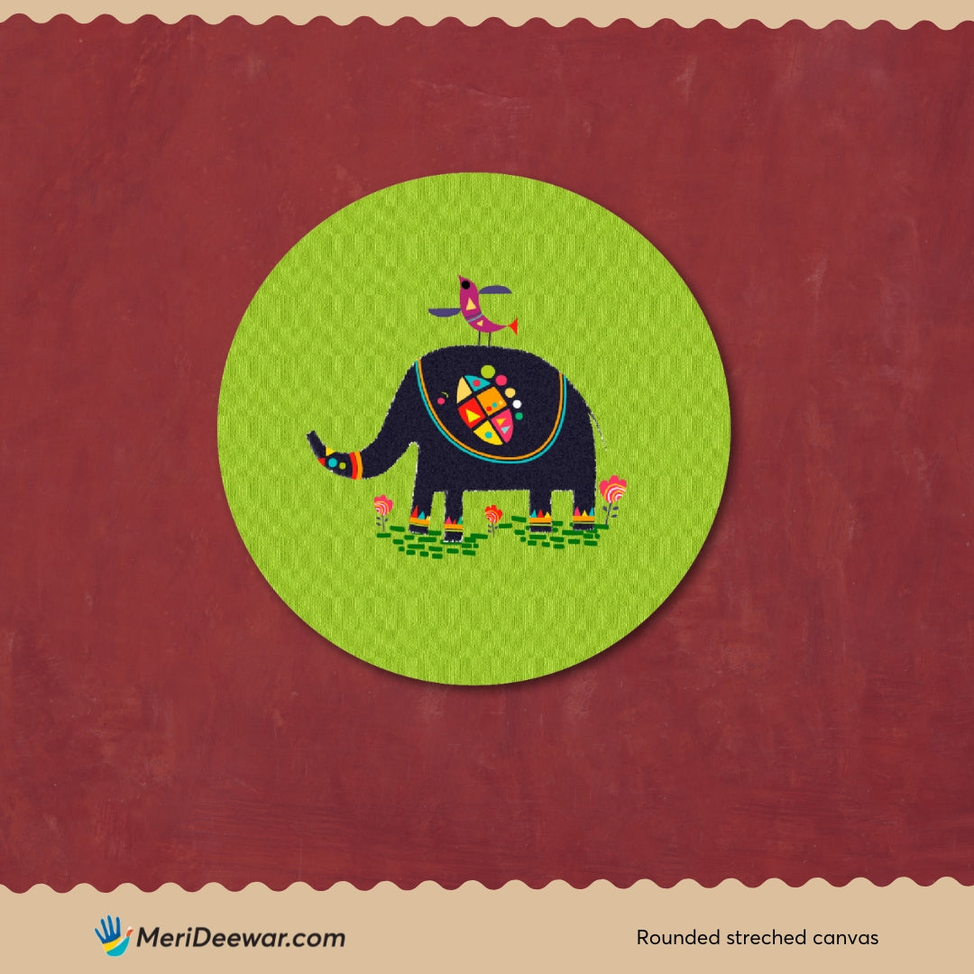 Elephant Lake Painting Circular Canvas Frame Circular Canvas Frame Premium Wall Art Canvas by MeriDeewar