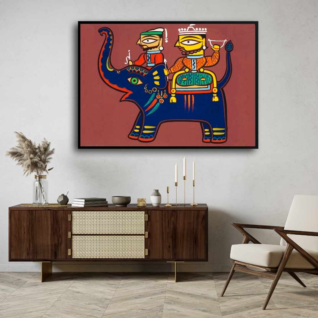 "Elephant Riders" Jamini Roy Painting | Fine Art Wall Art 3 : 2 Horizontal Premium Wall Art Canvas by MeriDeewar