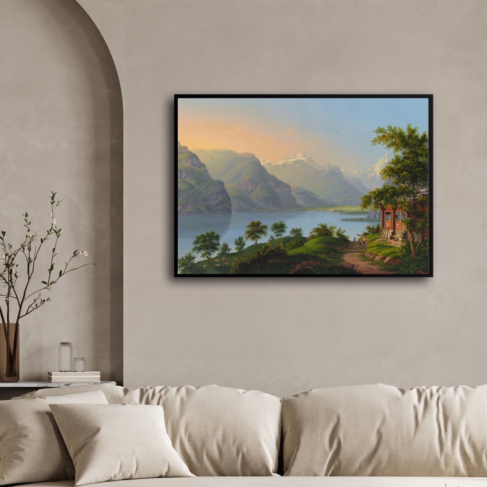 Evening Calm – Lakeside Village Landscape Wall Art 2 : 3 Horizontal Premium Wall Art Canvas by MeriDeewar