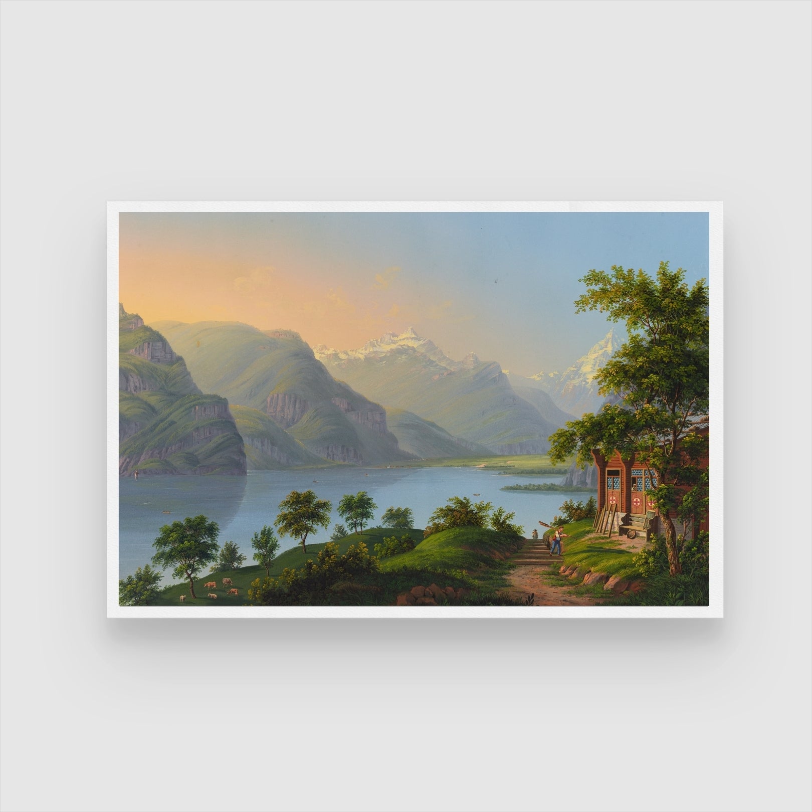 Evening Calm – Lakeside Village Landscape Wall Art 2 : 3 Horizontal Premium Wall Art Canvas by MeriDeewar