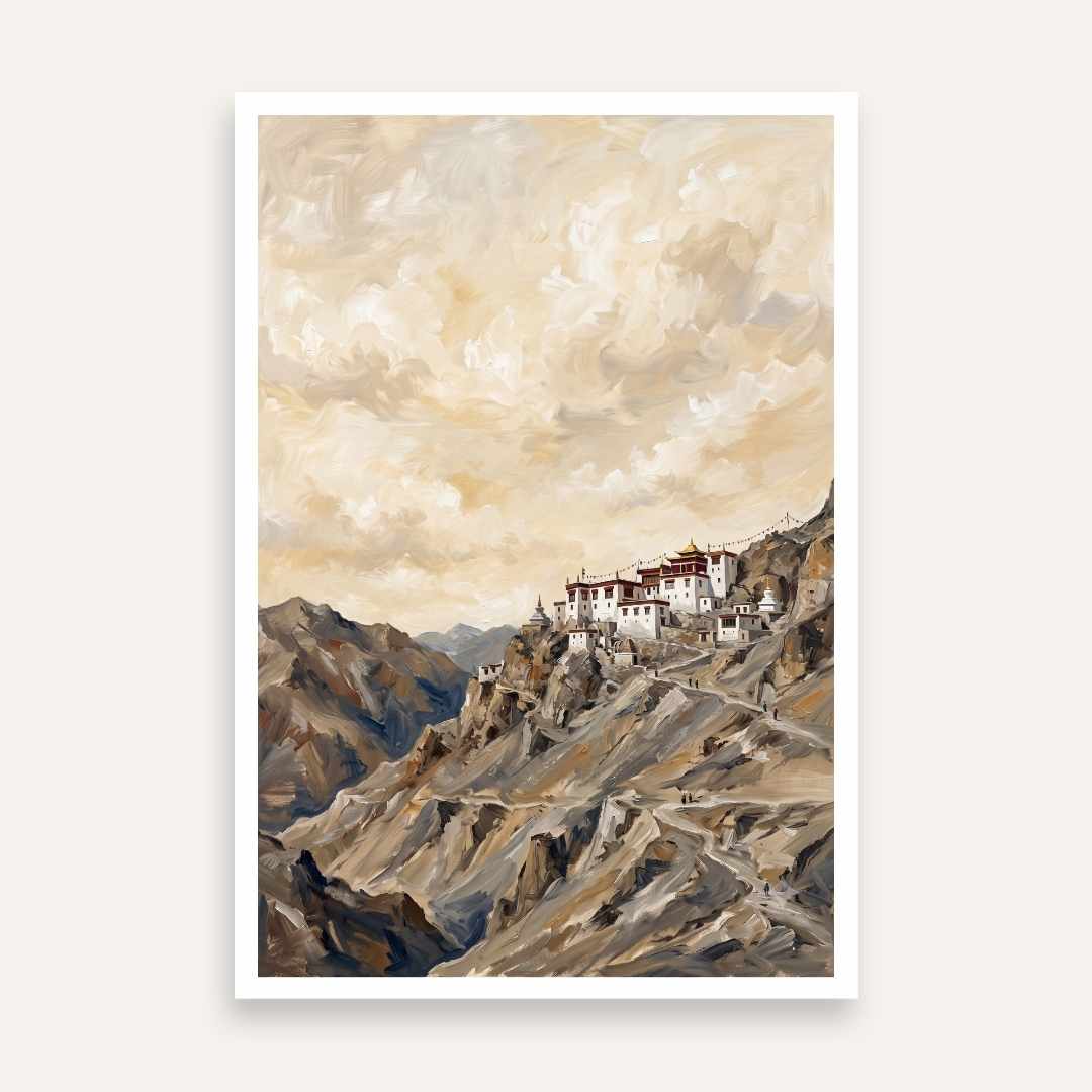 "Ladakh Cliffside Monastery" Mountain Architecture Giclée Print | Fine Art Wall Art 2 : 3 Vertical Premium Wall Art Canvas by MeriDeewar