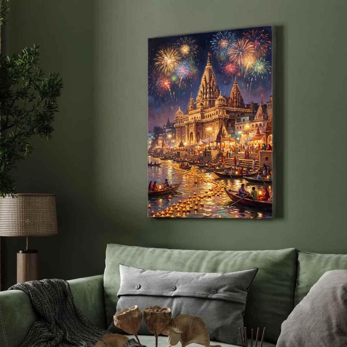 Festive Varanasi Ghats Fireworks Wall Art | Edge-to-Edge Vertical Oil Painting Print 2 : 3 Vertical Premium Wall Art Canvas by MeriDeewar