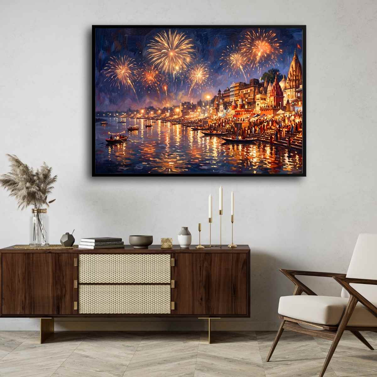 Festive Varanasi Ghats Fireworks Wall Art | Panoramic Oil Painting Framed Print 2 : 3 Horizontal Premium Wall Art Canvas by MeriDeewar