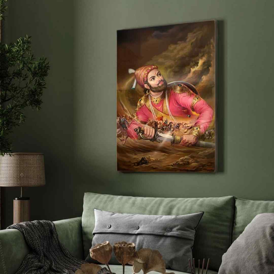Fierce Chhatrapati Shivaji Maharaj Warrior Portrait | Edge-to-Edge Oil Painting Print 2 : 3 Vertical Premium Wall Art Canvas by MeriDeewar